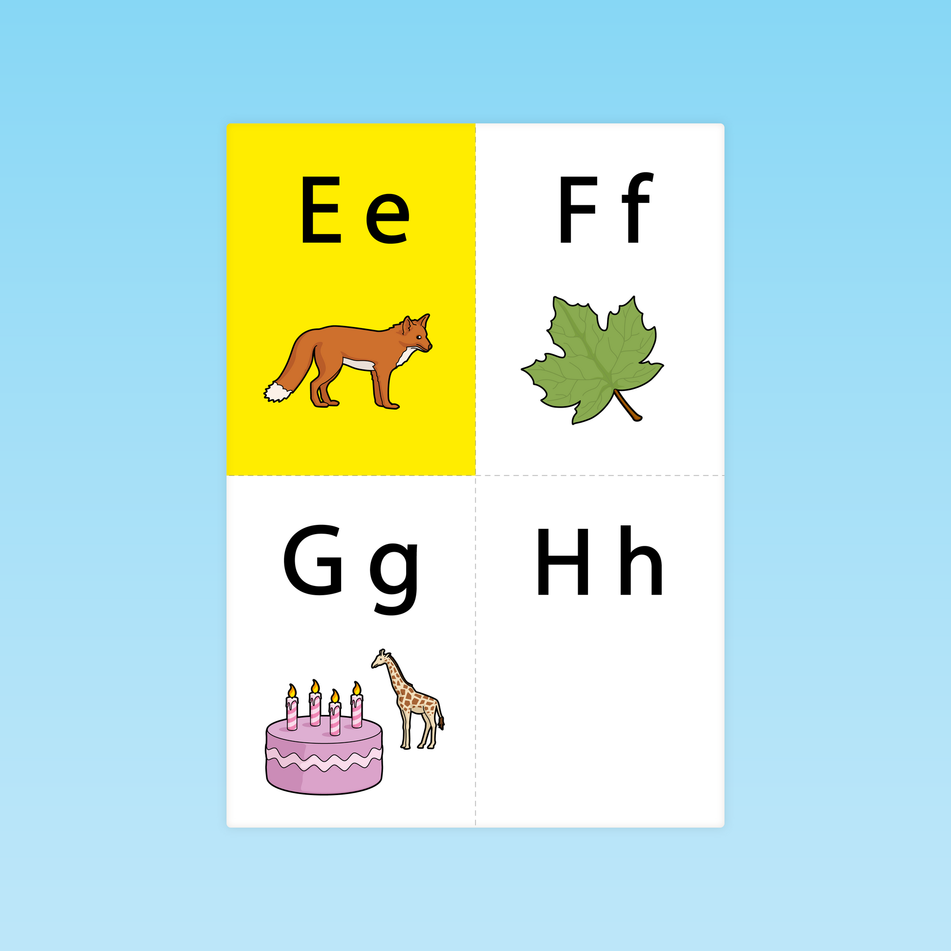 cartes graphèmes lettres E F G H avec illustrations (renard, feuille, gâteau, girafe) pour le guide de décodage CP