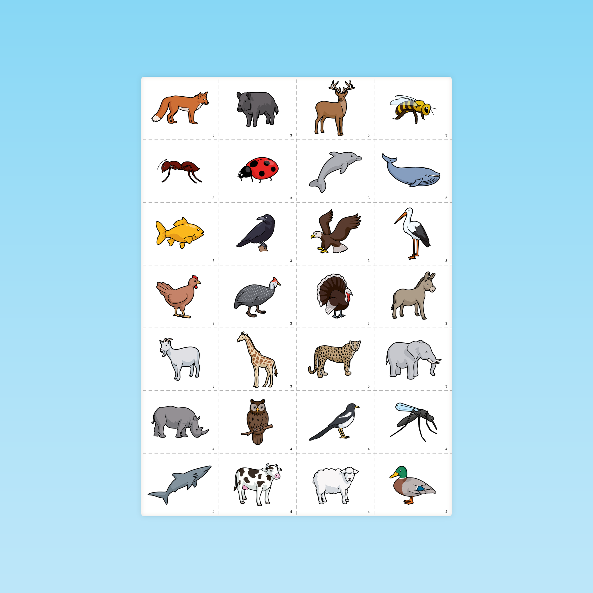 planche de cartes homonymes illustrant des animaux pour GS