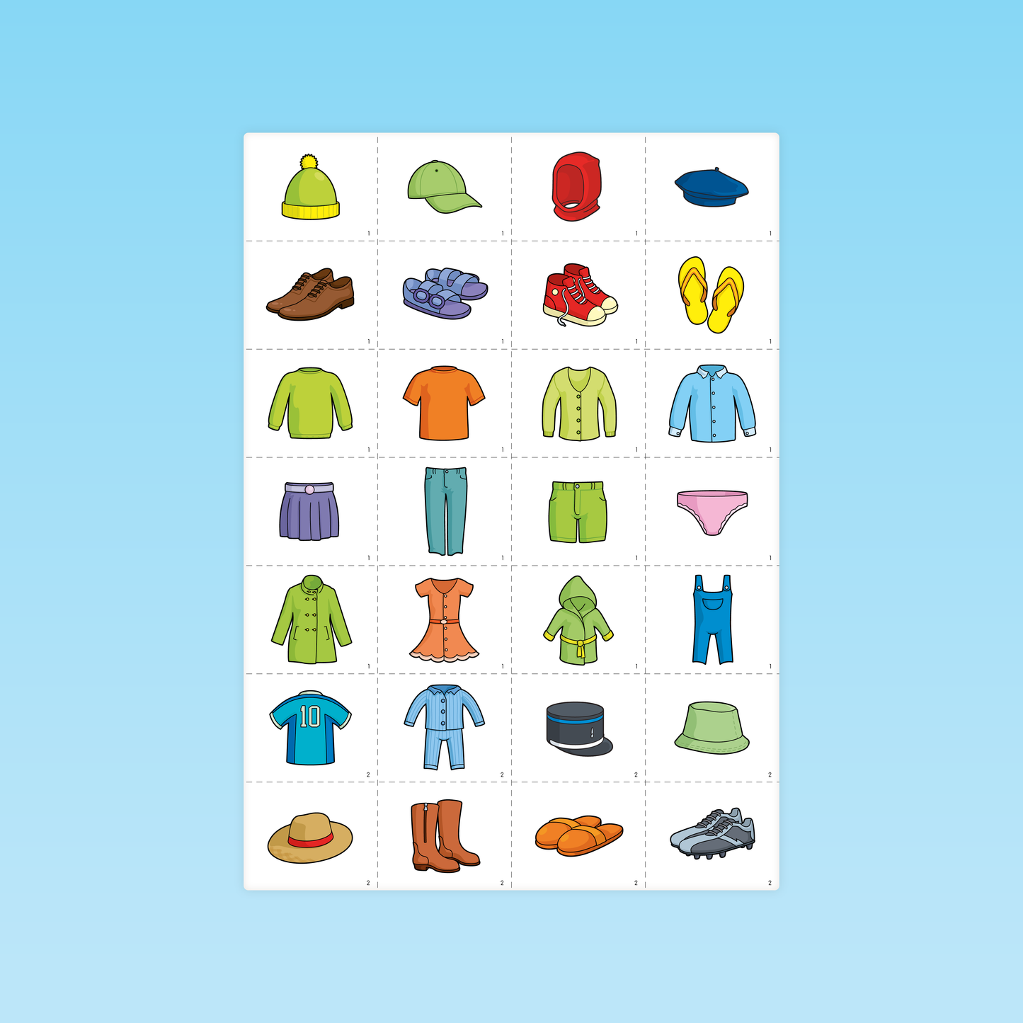 planche de cartes homonymes illustrant des vêtements pour GS