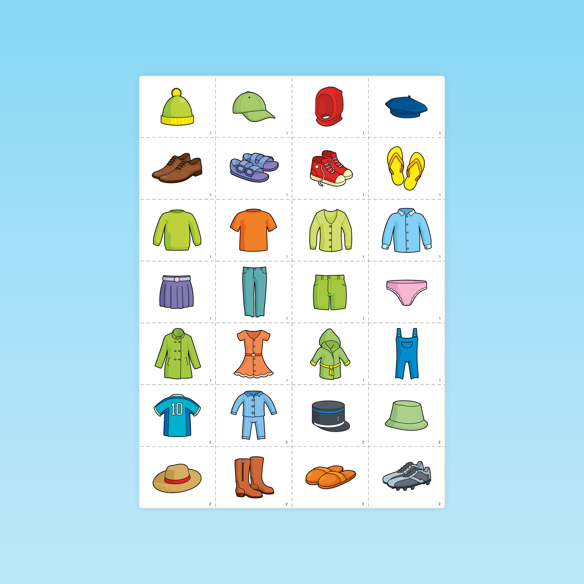 planche de cartes homonymes illustrant des vêtements pour GS