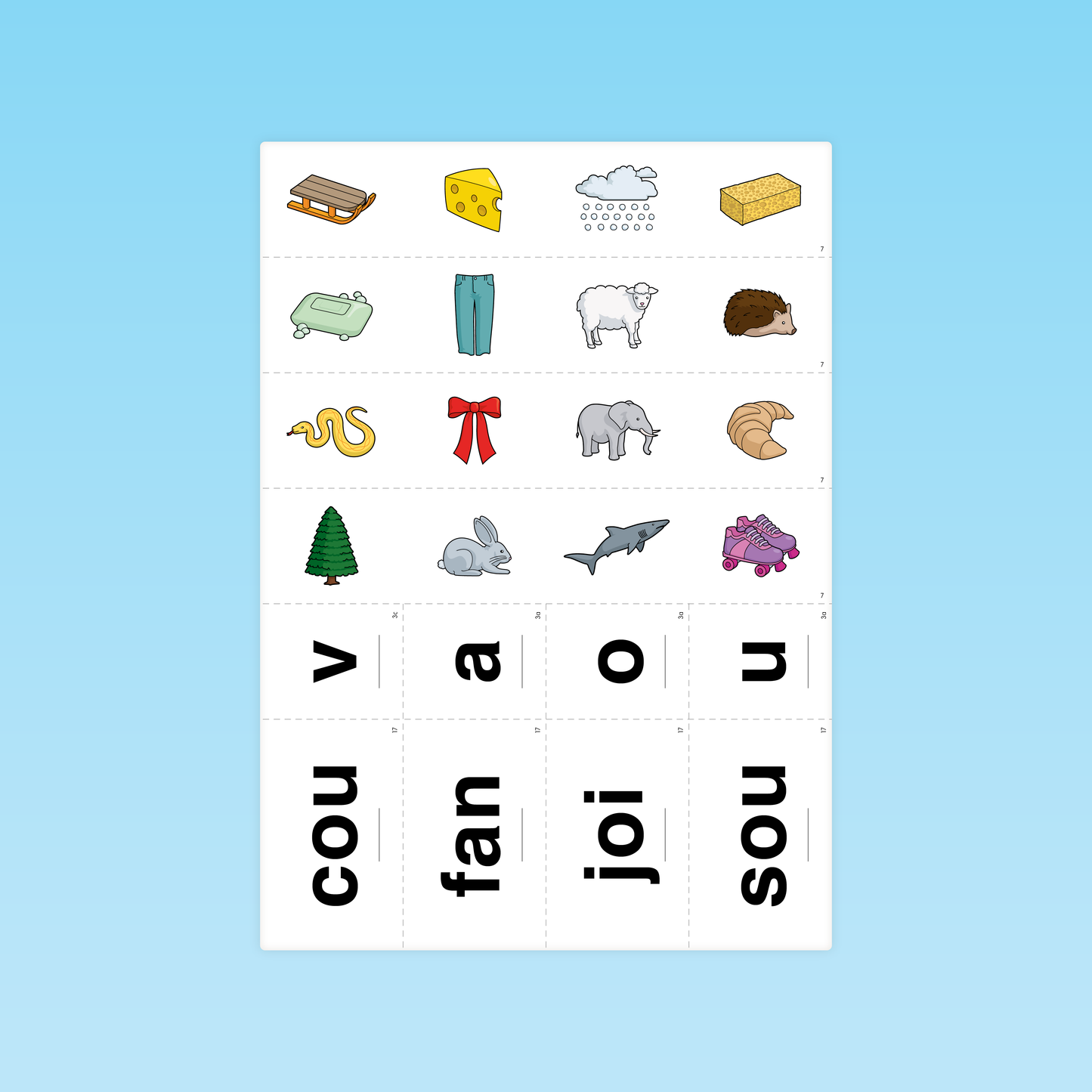 Cartes illustrées et lettres pour associer sons et images dans des activités de conscience phonologique CP