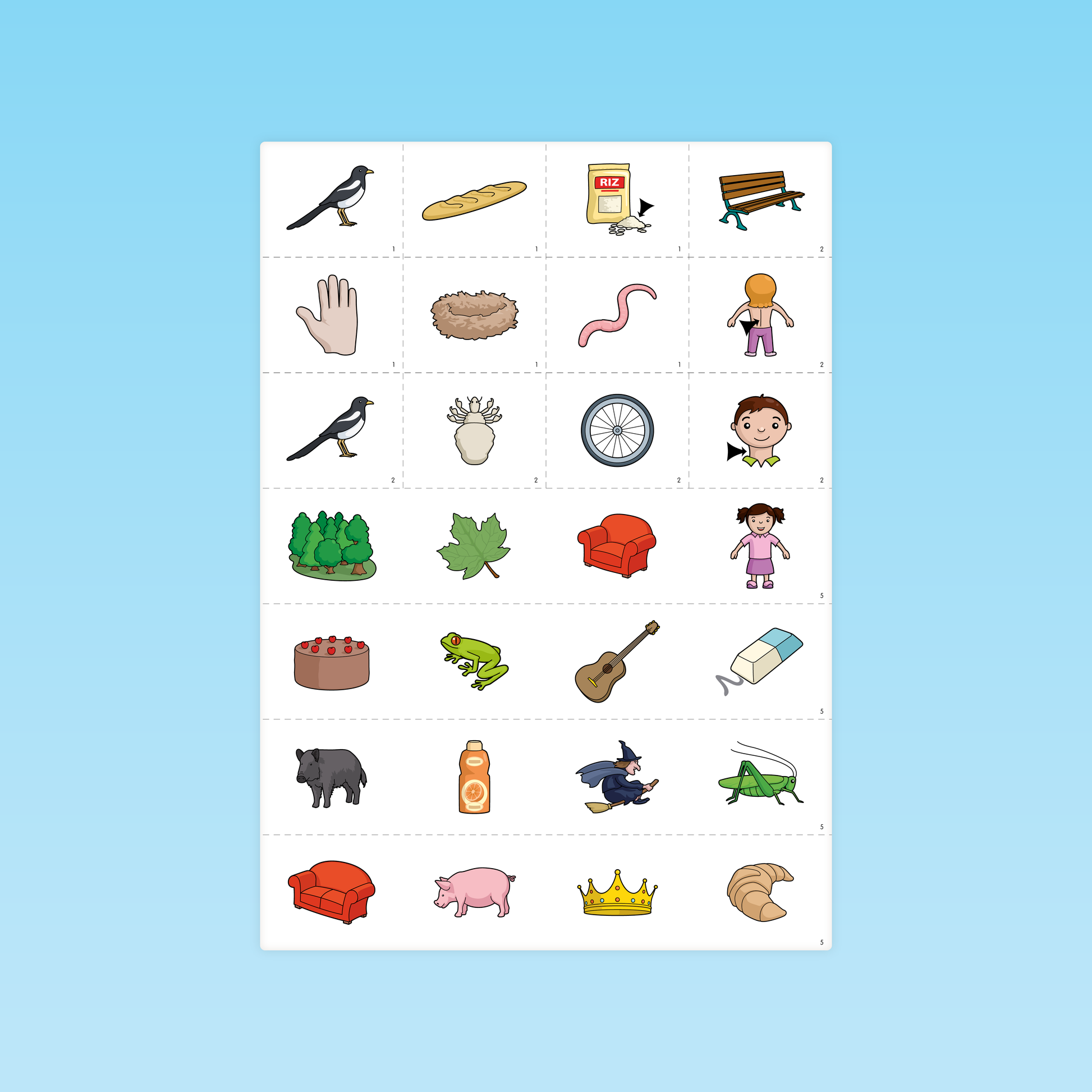 Planche de cartes illustrées représentant des objets et animaux pour travailler les phonèmes au CP
