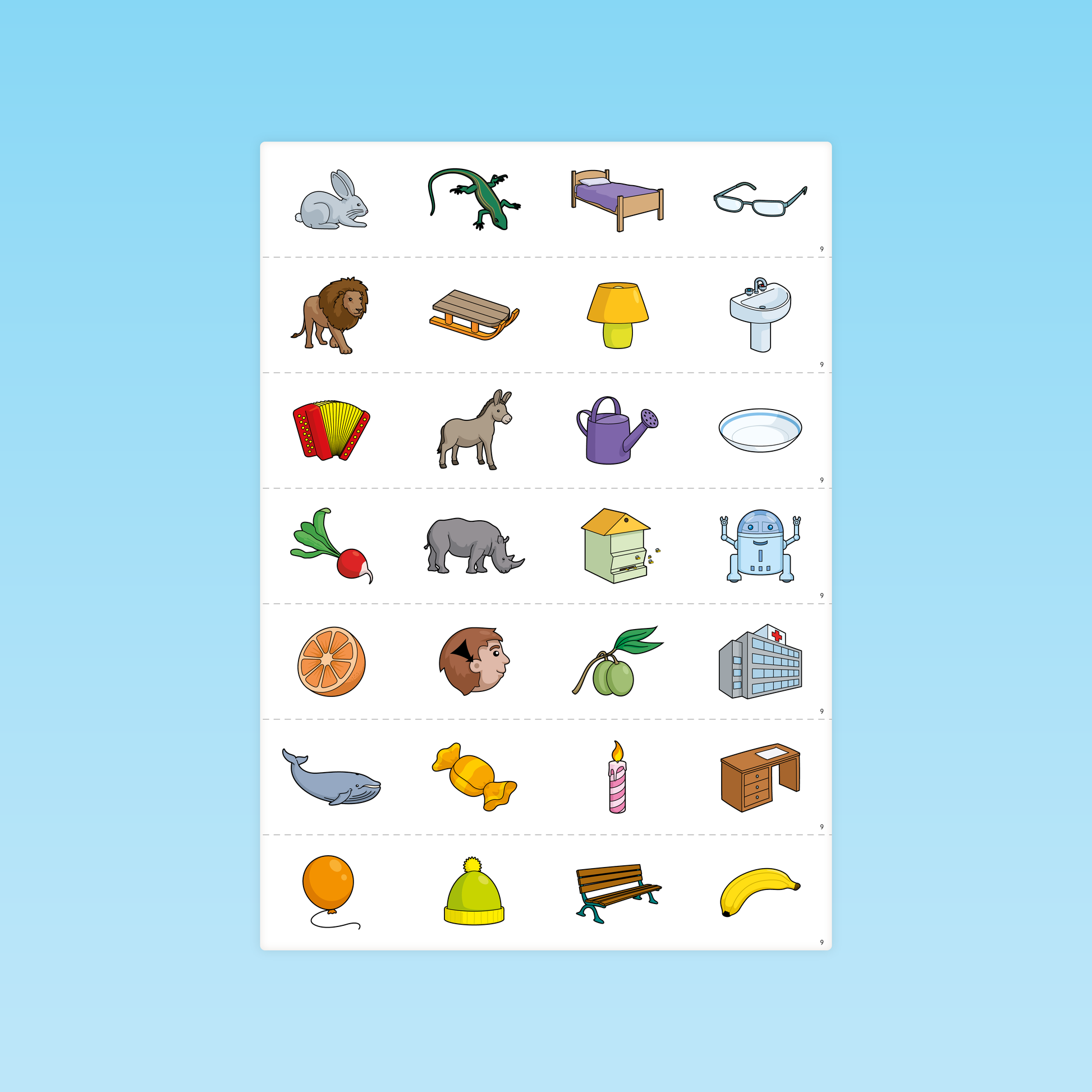 Cartes illustrées M3 avec objets et animaux pour exercices de conscience phonologique en maternelle