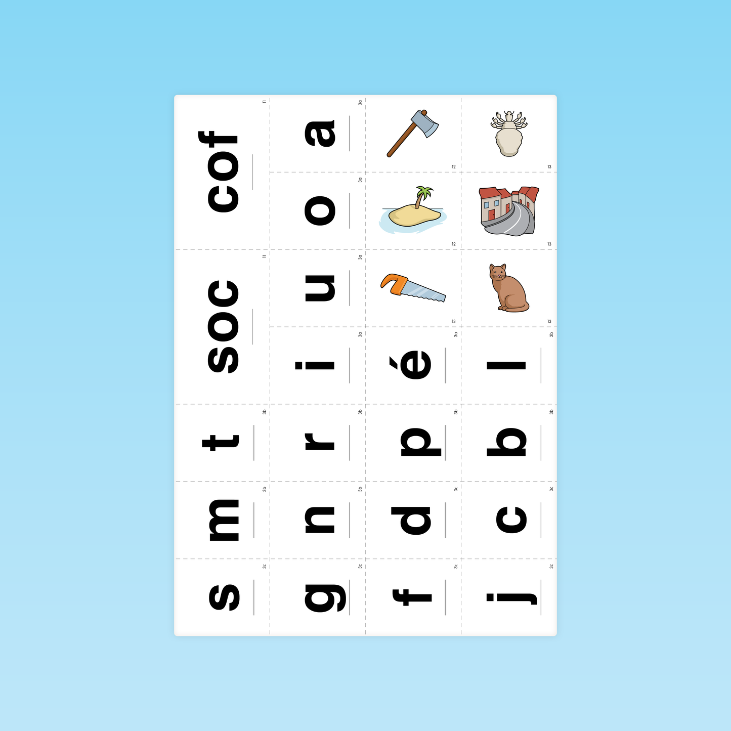 Planche de cartes lettres et images pour associer phonèmes et mots dans un exercice de phonologie CP