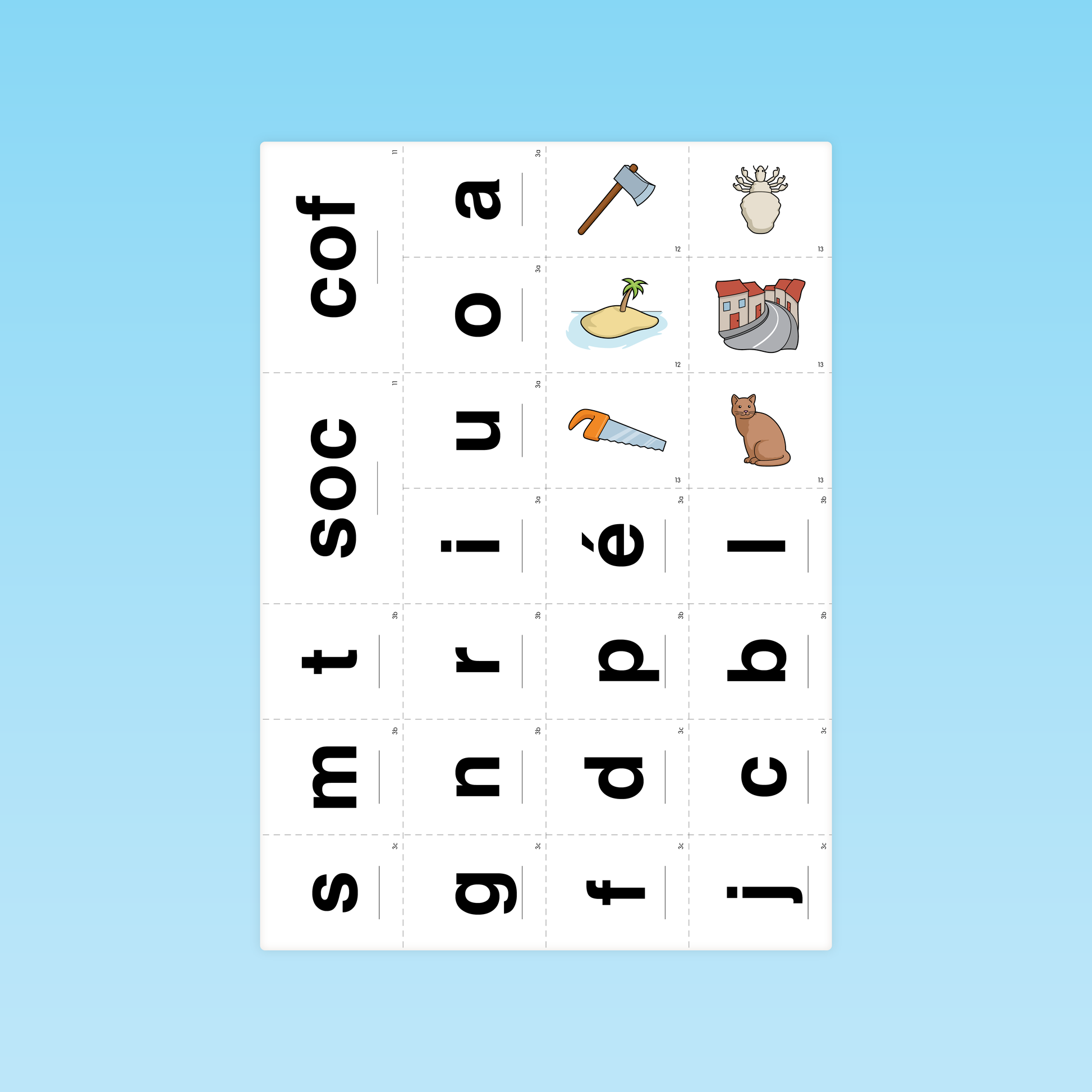 Planche de cartes lettres et images pour associer phonèmes et mots dans un exercice de phonologie CP