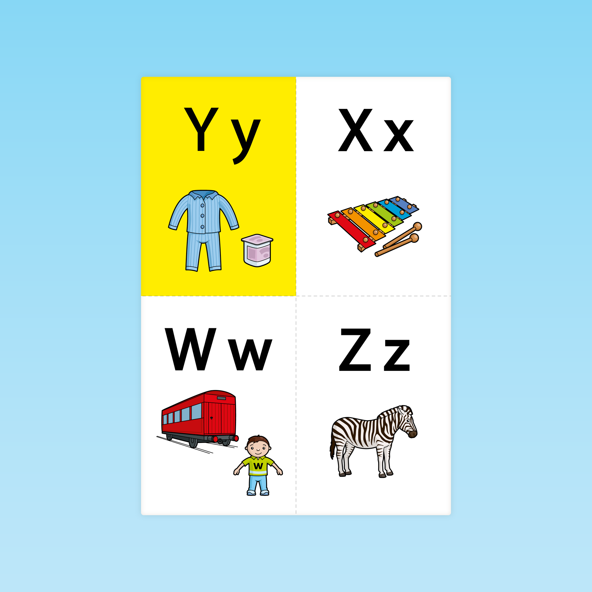 Cartes lettres-son Y, X, W, Z avec illustrations – support pour la GS