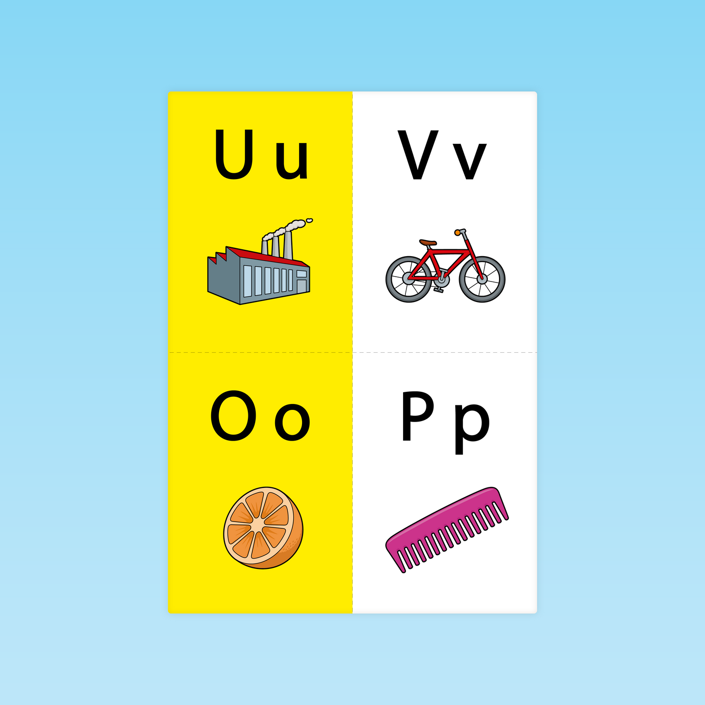 Cartes mots-clés illustrées pour les lettres U O V P en CP