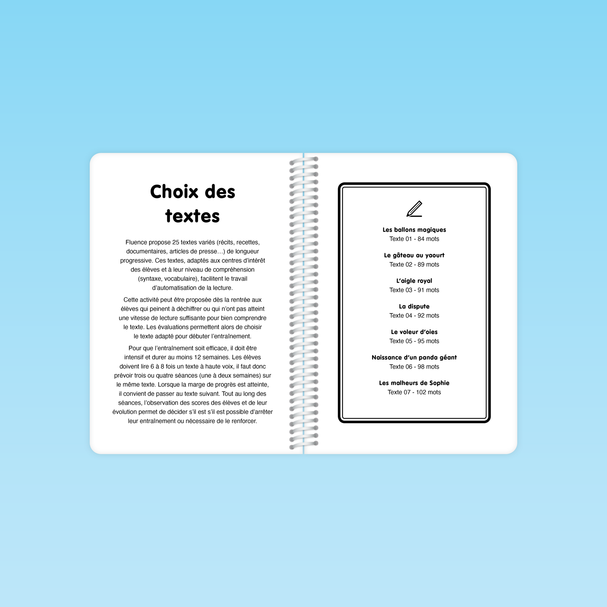 double page du guide fluence de lecture CE CM expliquant le choix des textes et listant les premiers titres