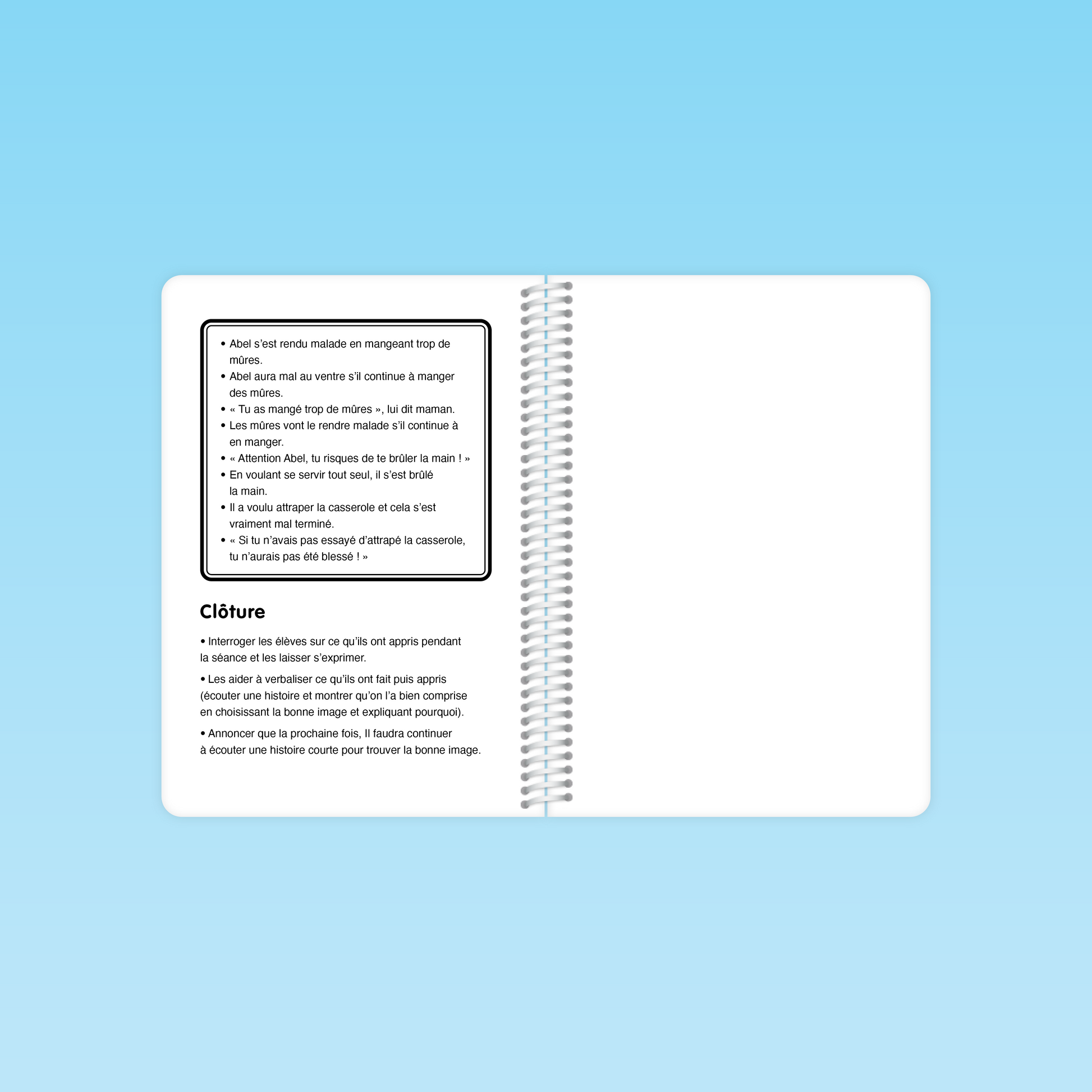 page de clôture de séance avec questions de verbalisation du guide Compréhension de la langue P1