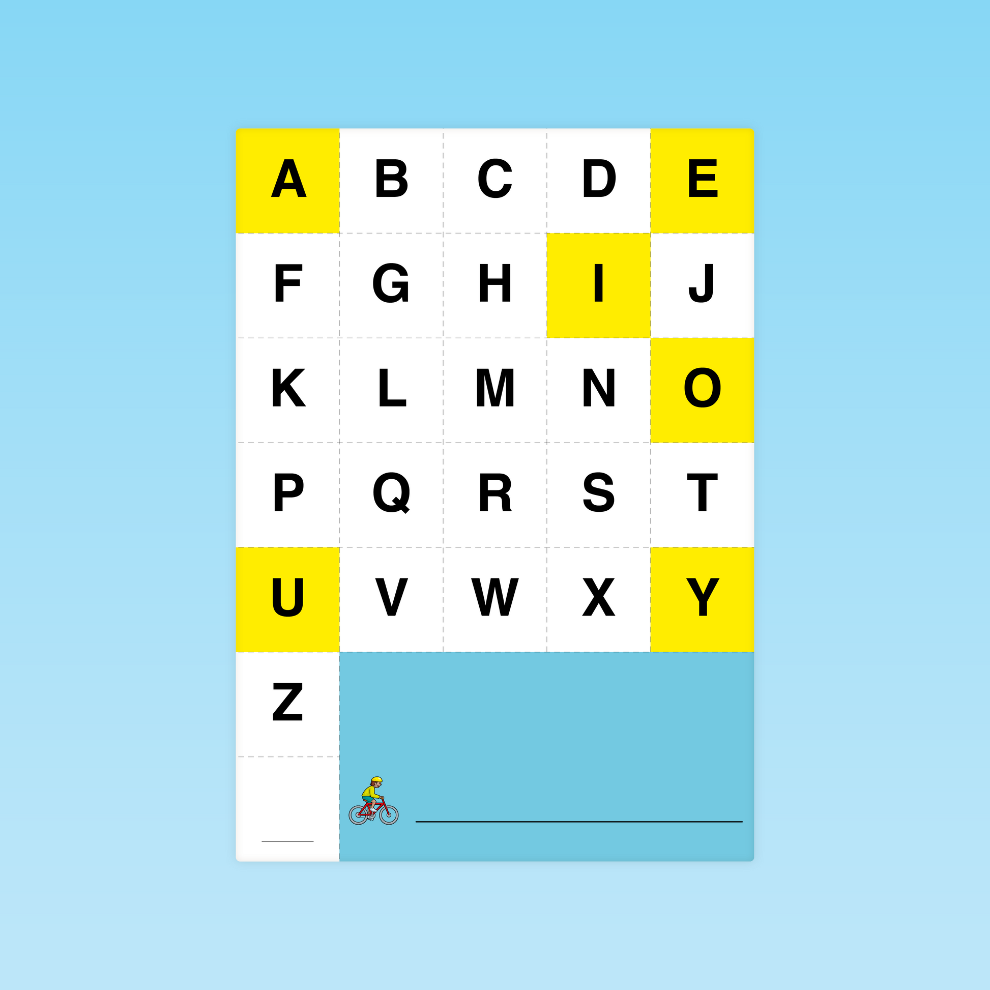 carte GS grille alphabet majuscules avec zone d’écriture et pictogramme cycliste