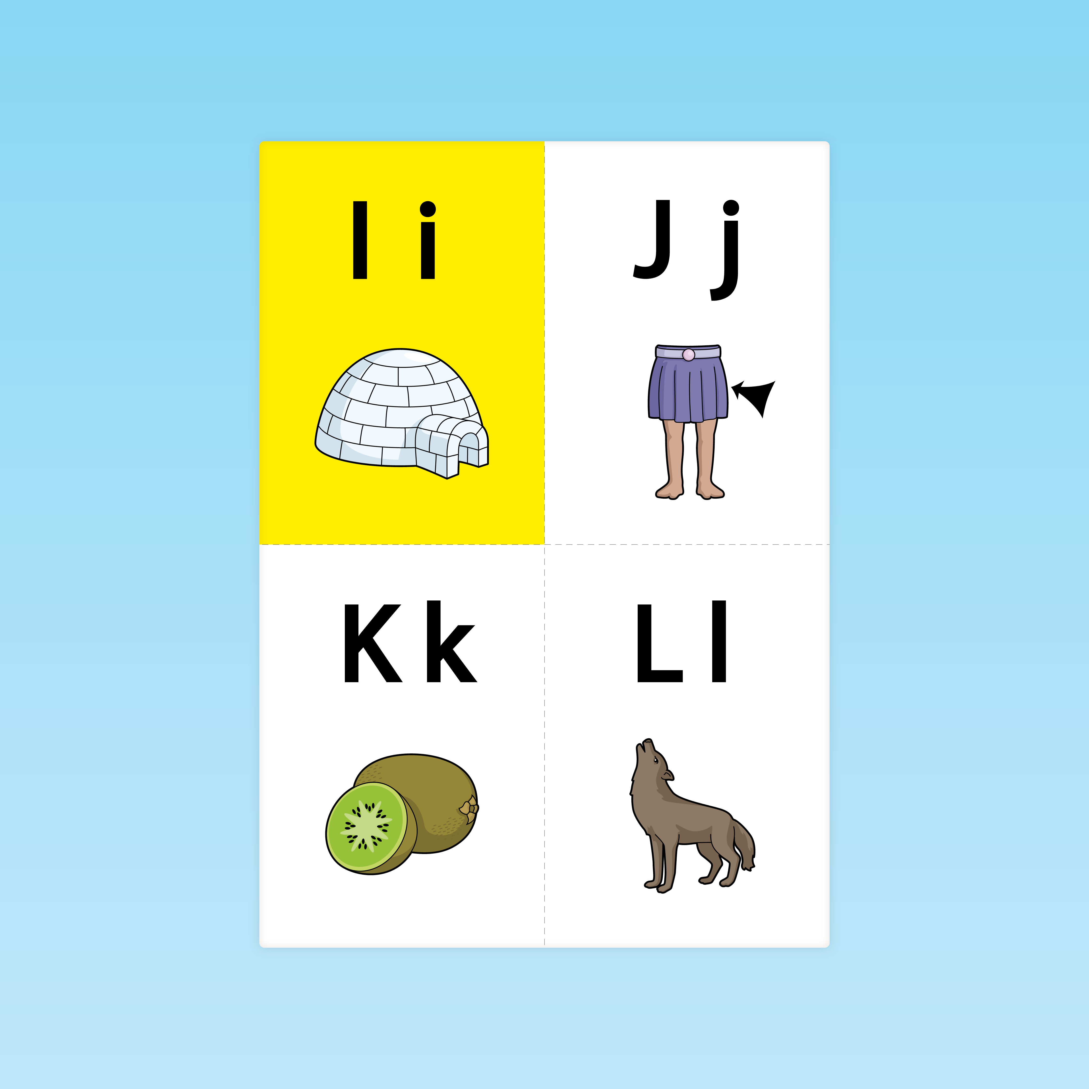 quatre cartes GS lettres I igloo, J jupe, K kiwi, L loup pour code alphabétique