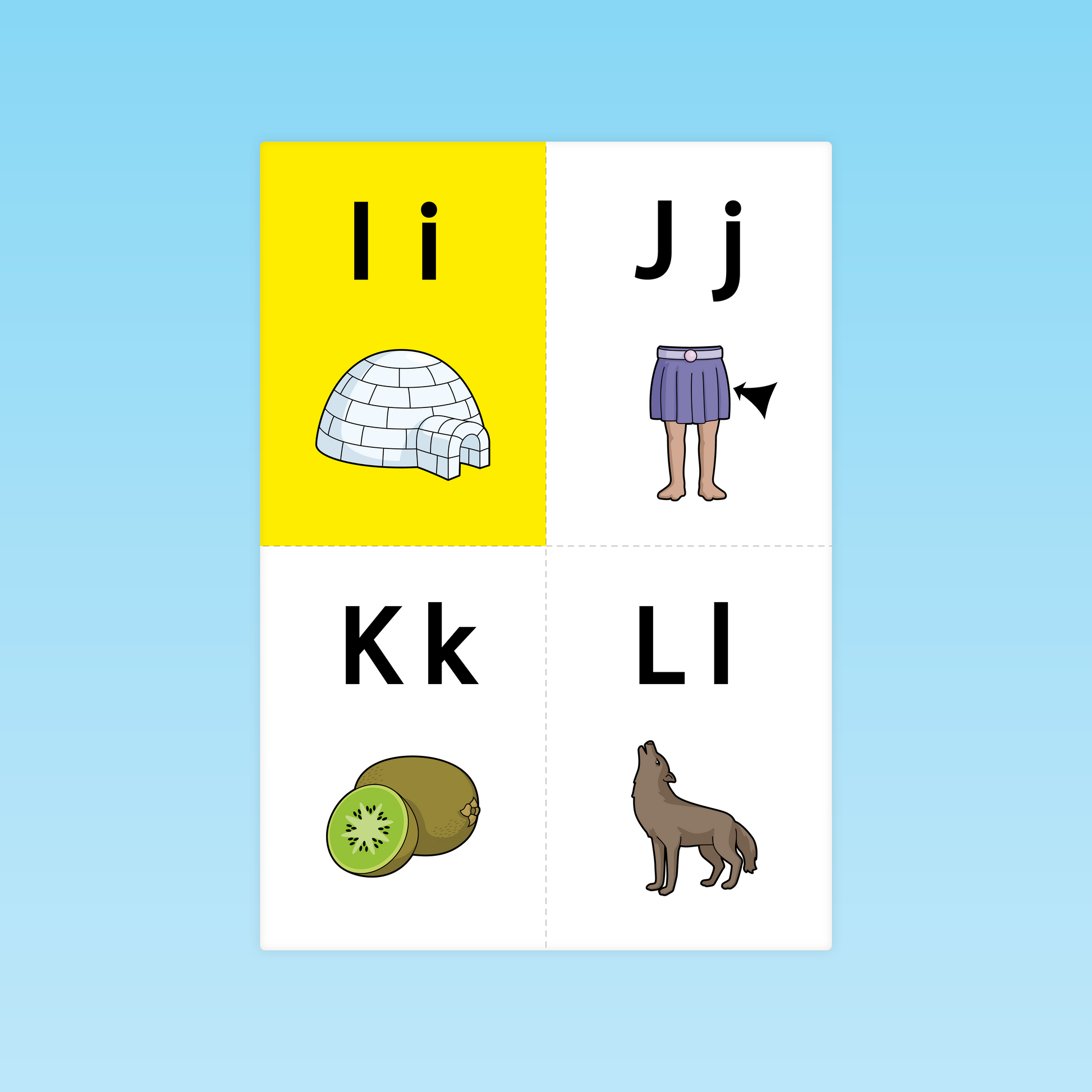 quatre cartes GS lettres I igloo, J jupe, K kiwi, L loup pour code alphabétique