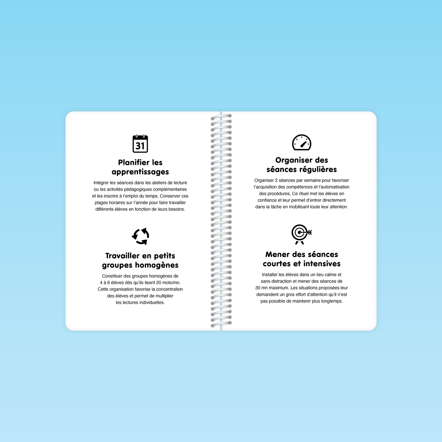 double page du guide Fluence P1 P2 avec conseils pour organiser les séances de lecture fluide en petits groupes homogènes