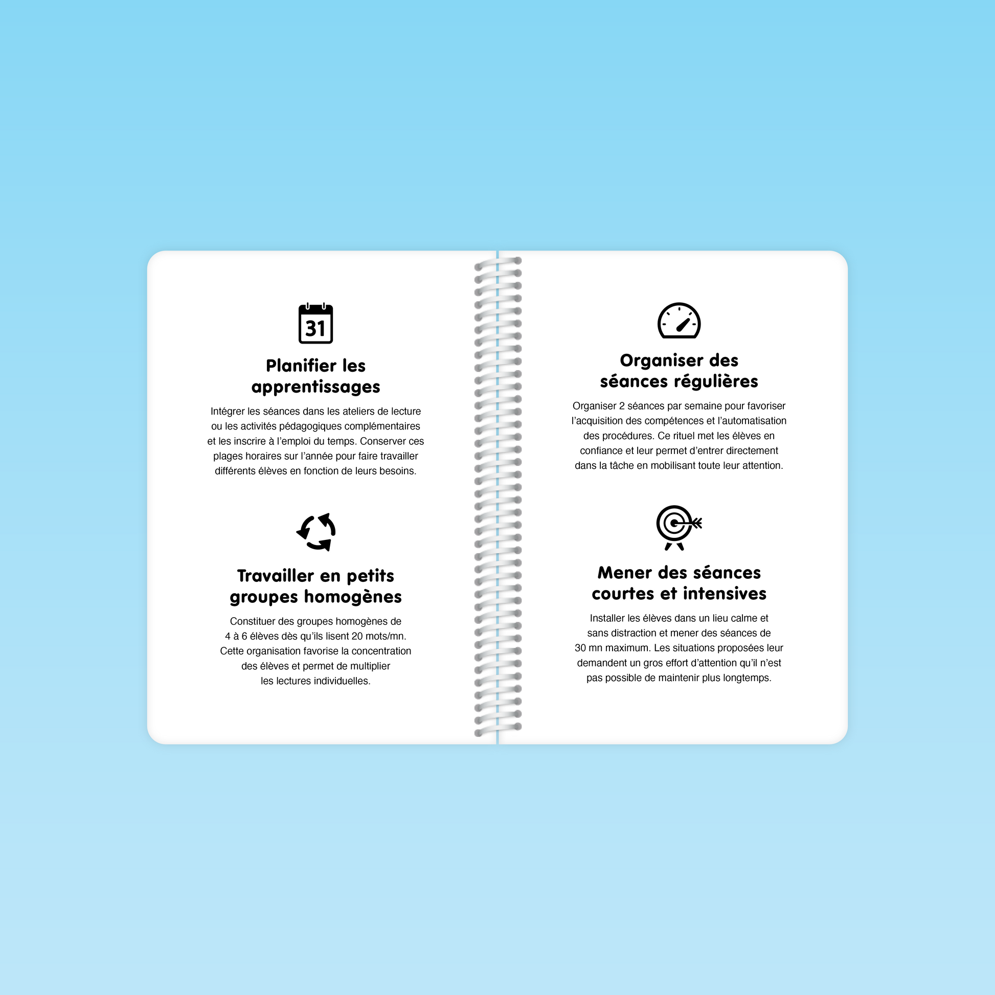 double page du guide Fluence P1 P2 avec conseils pour organiser les séances de lecture fluide en petits groupes homogènes
