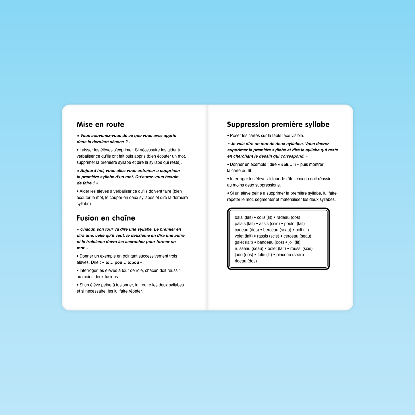 double page du guide syllabe M3 avec mise en route, suppression première syllabe et activité de fusion en chaîne