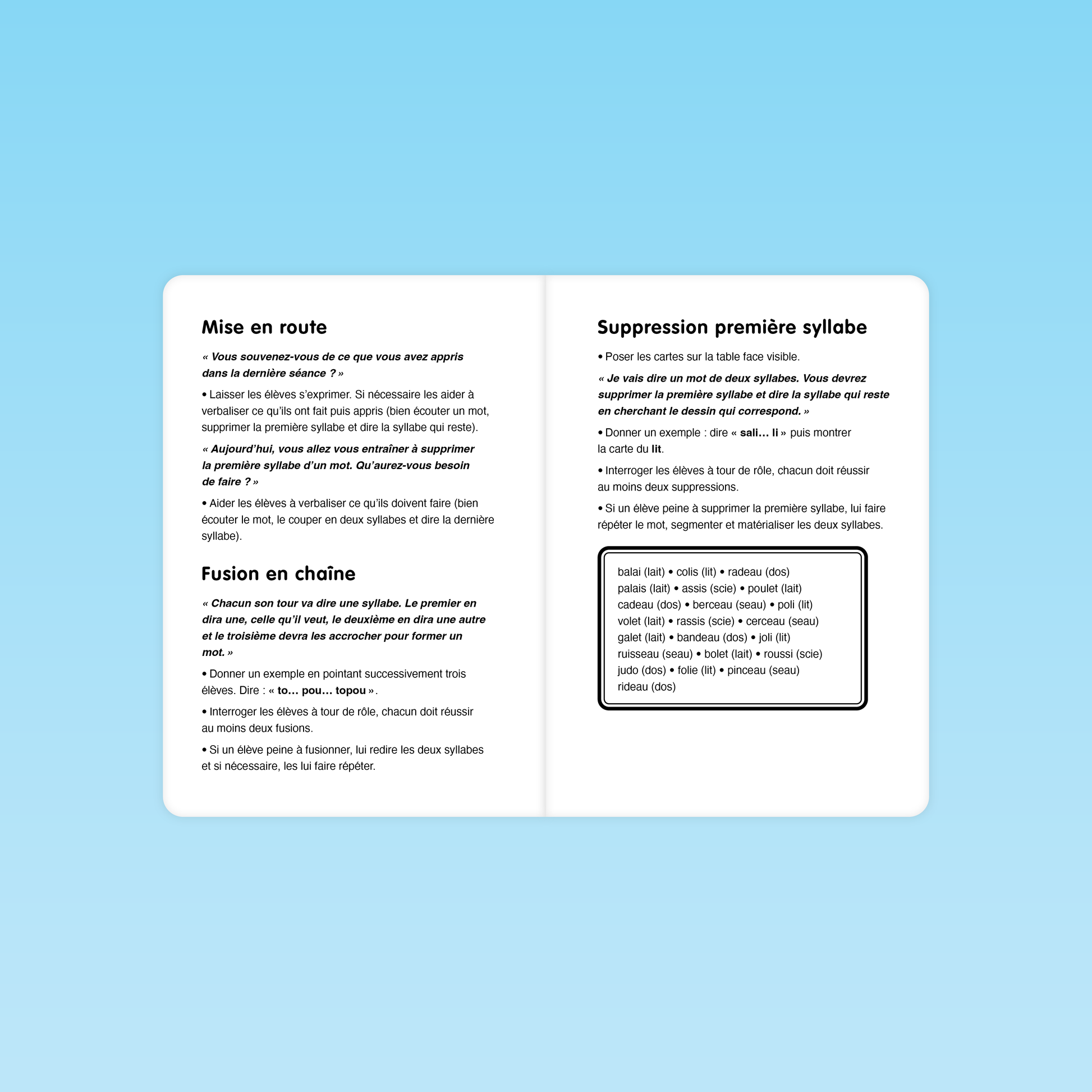 double page du guide syllabe M3 avec mise en route, suppression première syllabe et activité de fusion en chaîne