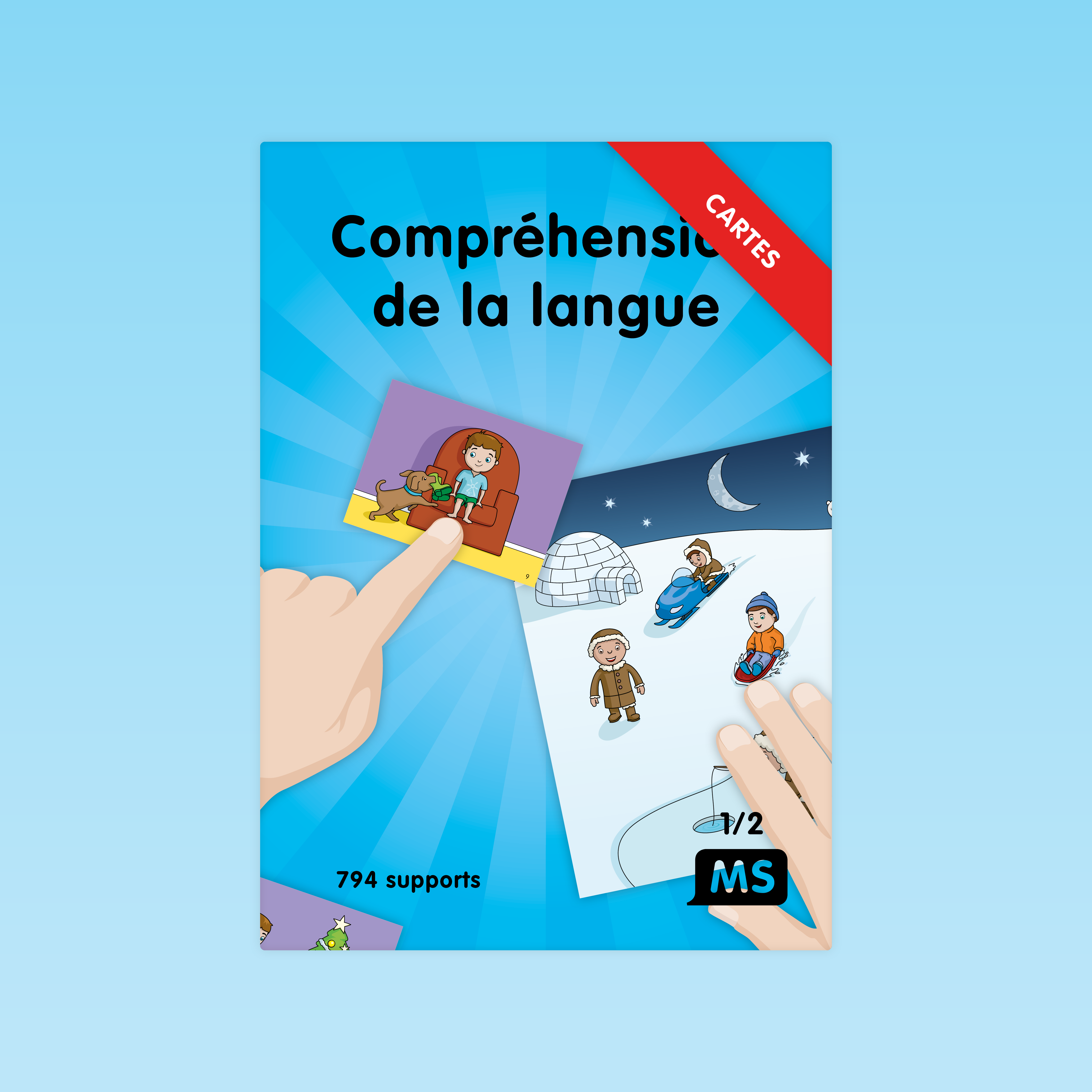 couverture des cartes MS pour séquencer une scène hivernale avec igloos, enfants en traîneau et pêcheur