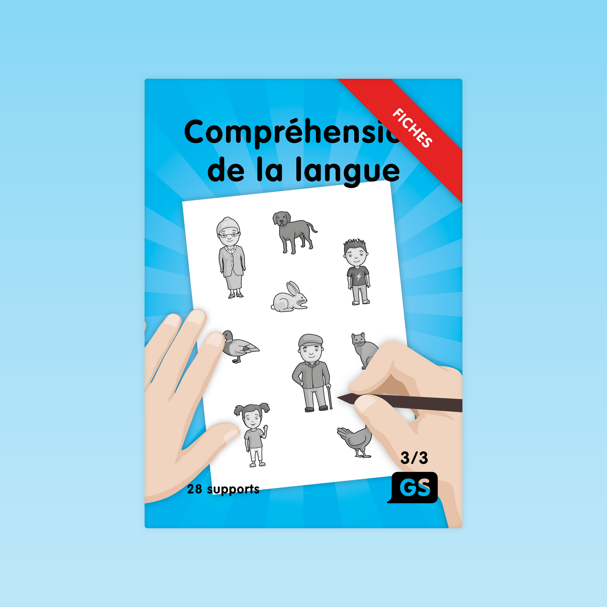 couverture des fiches de vocabulaire GS en niveaux de gris montrant personnages et animaux