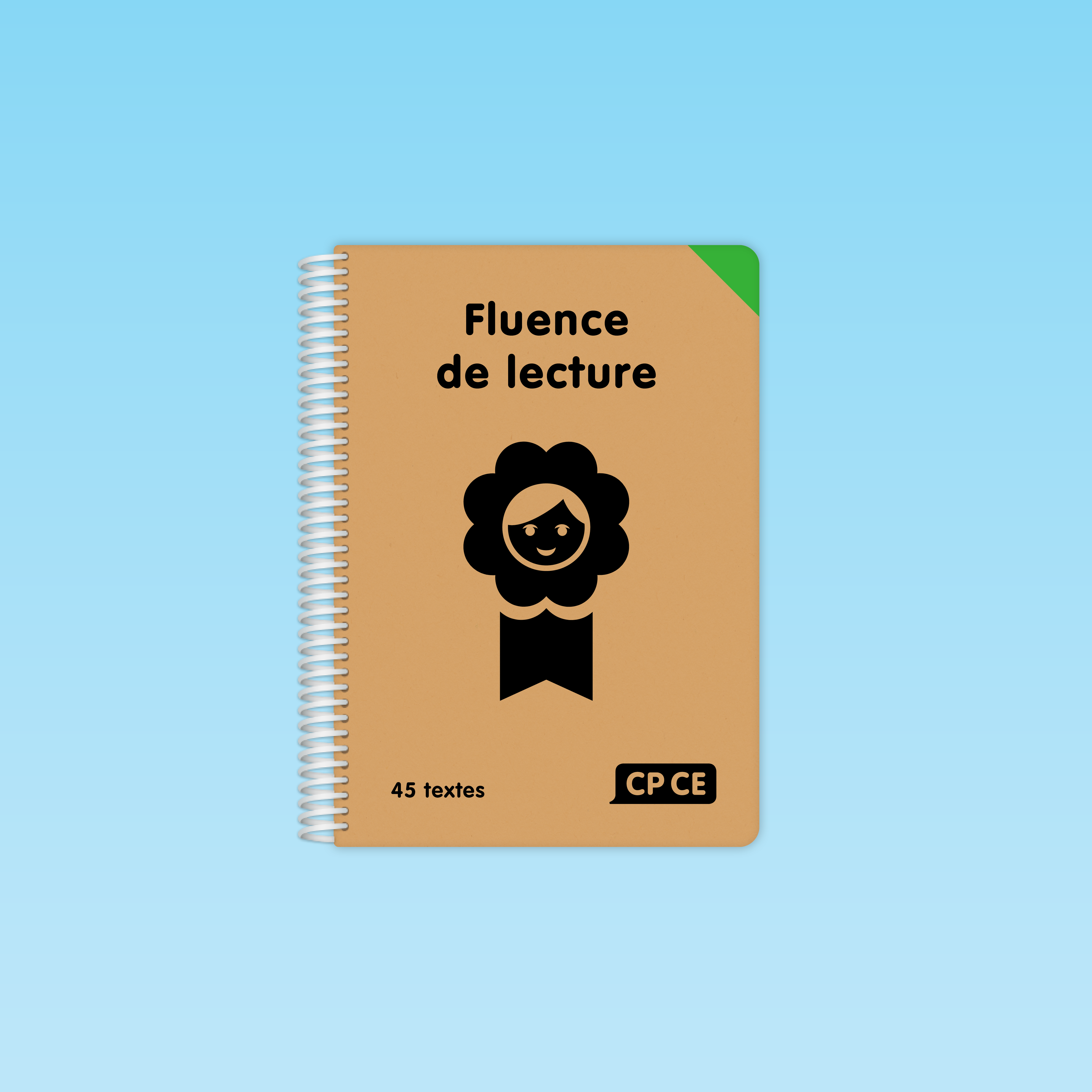 couverture du guide Fluence de lecture CP CE en format spirale kraft, pictogramme d’élève et mention “45 textes”
