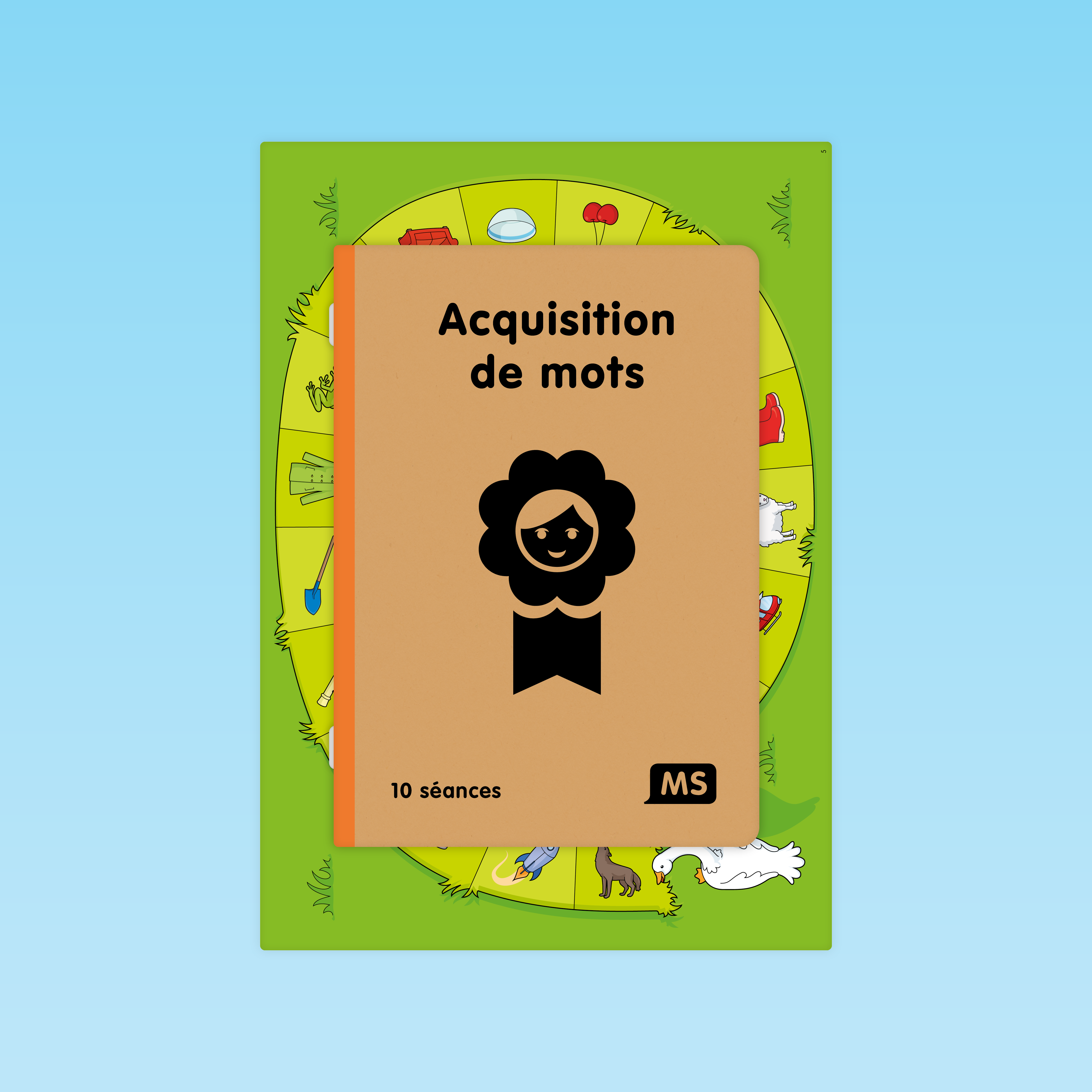 couverture du guide Acquisition de mots MS avec pictogramme enfant et fond de planche lexicale