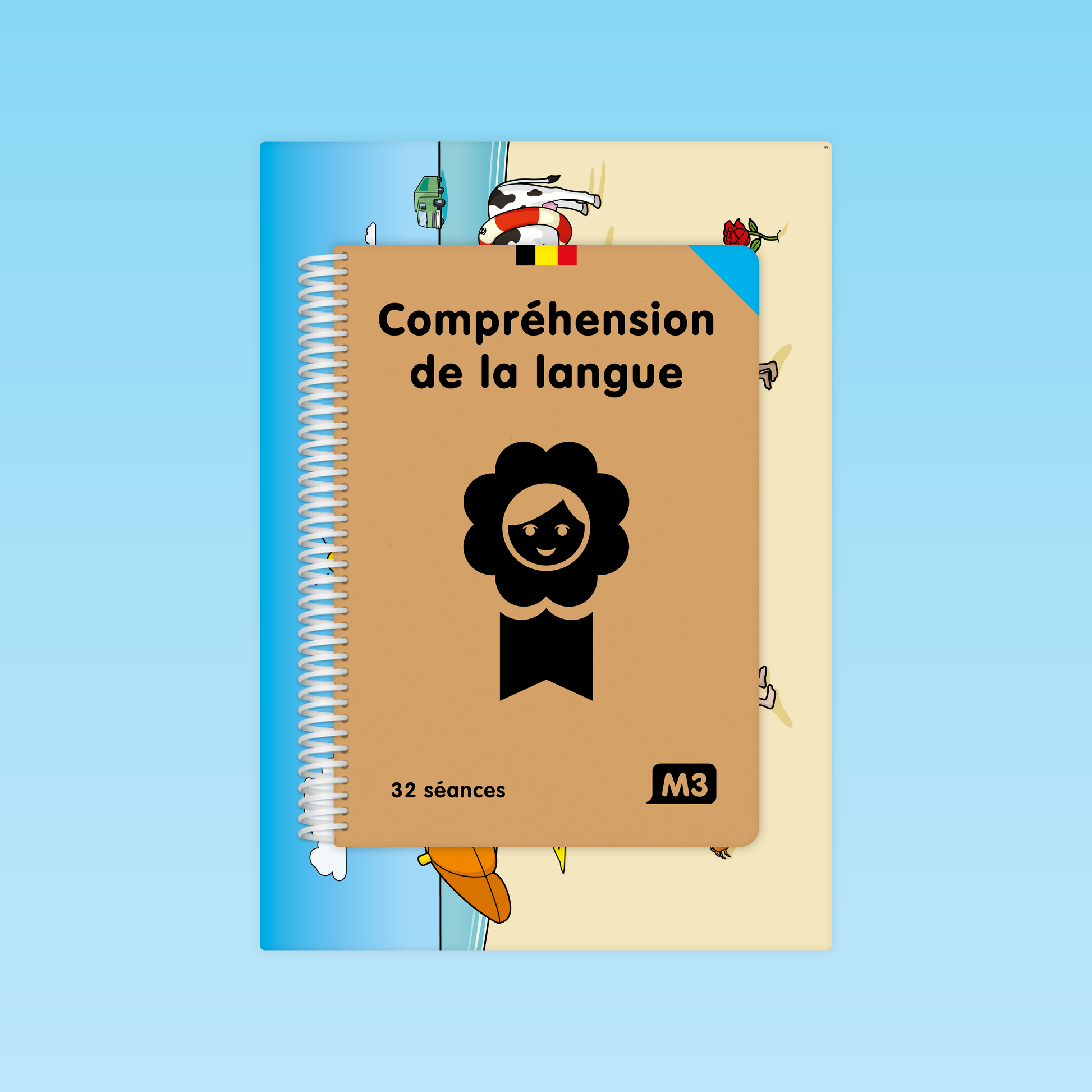 couverture du guide de compréhension de la langue M3 avec reliure spirale, icône ruban et illustration en arrière-plan