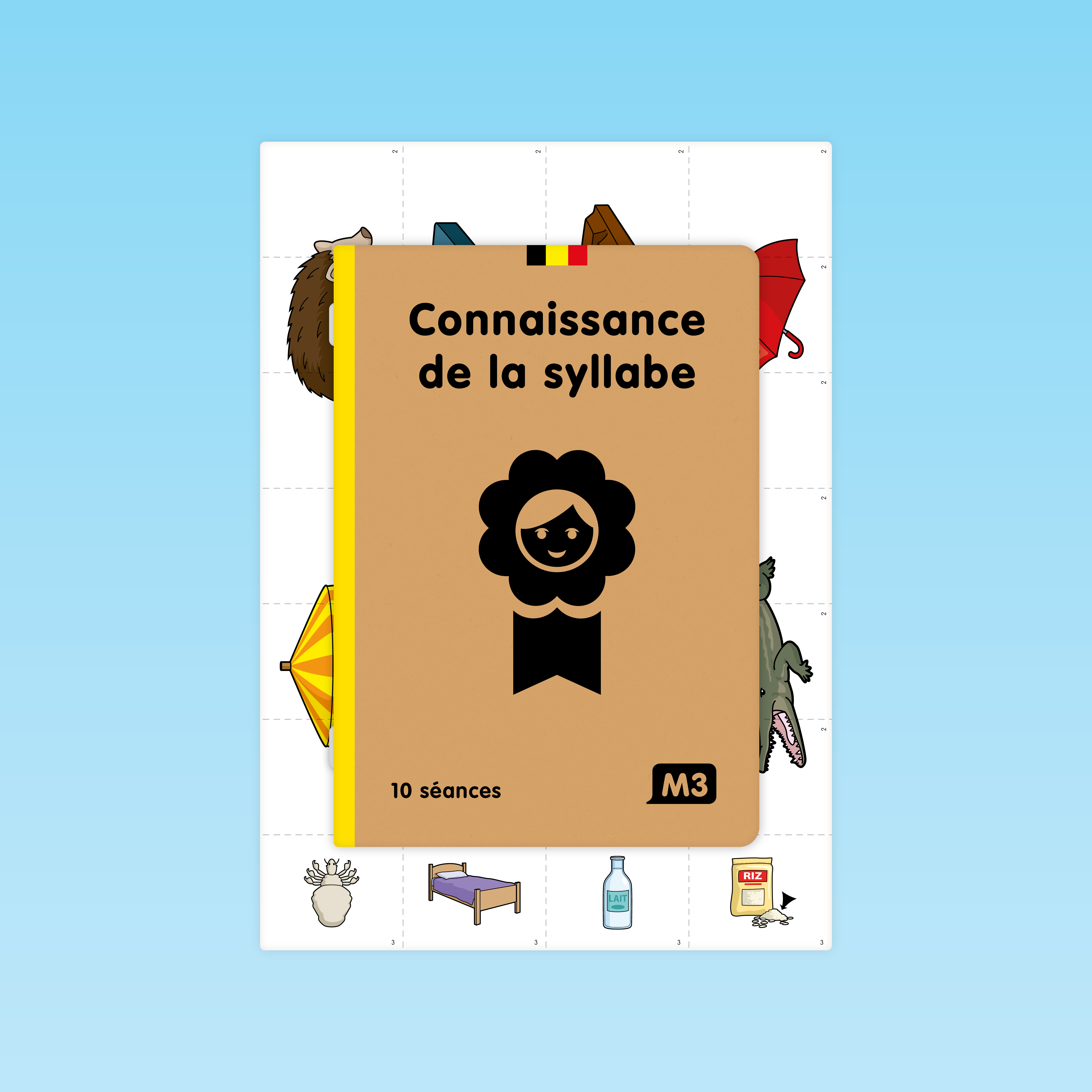 couverture du guide 10 séances connaissance de la syllabe M3 éditions Cigale avec planche visuelle en arrière-plan