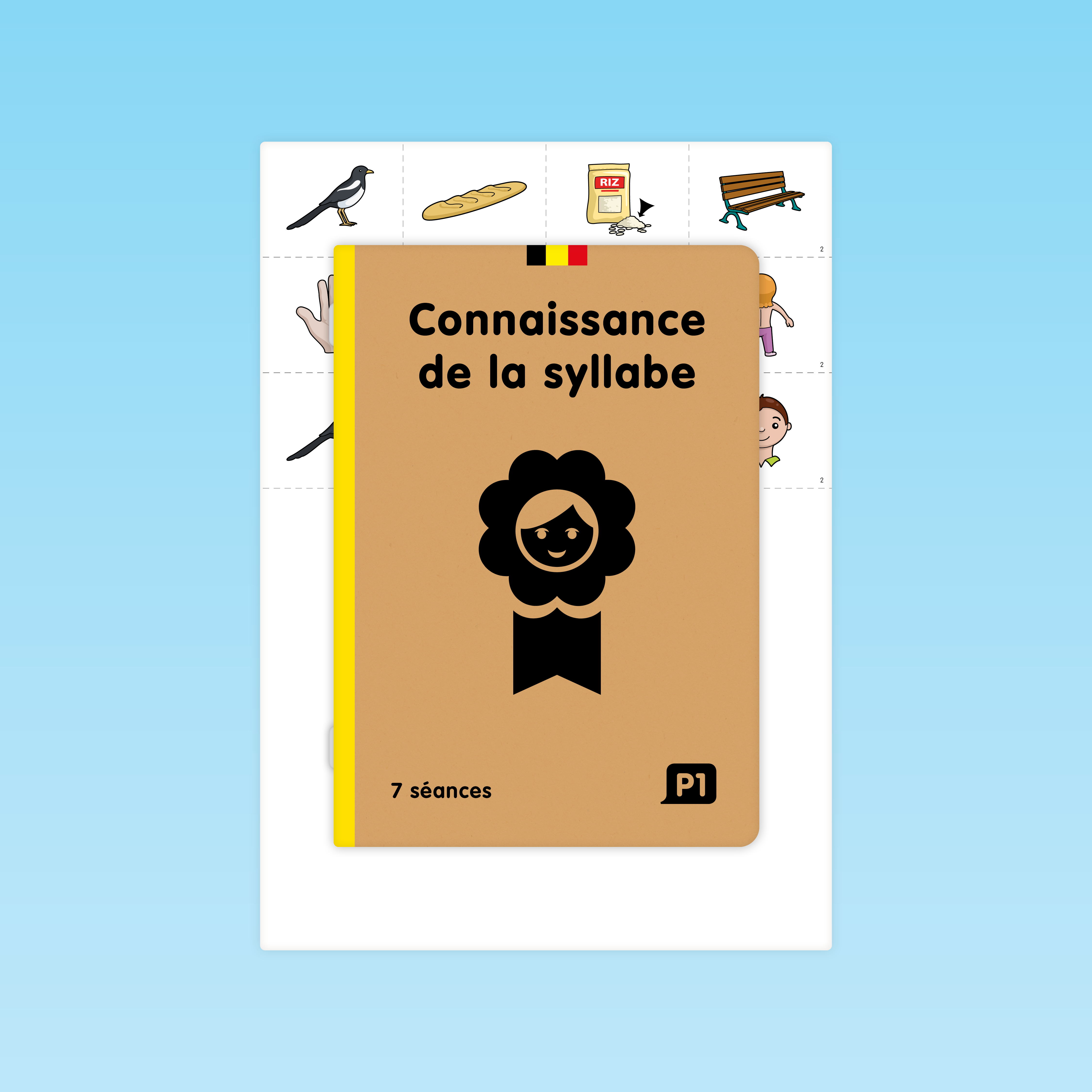 couverture du guide 7 séances connaissance de la syllabe P1 éditions Cigale avec planche visuelle en arrière-plan