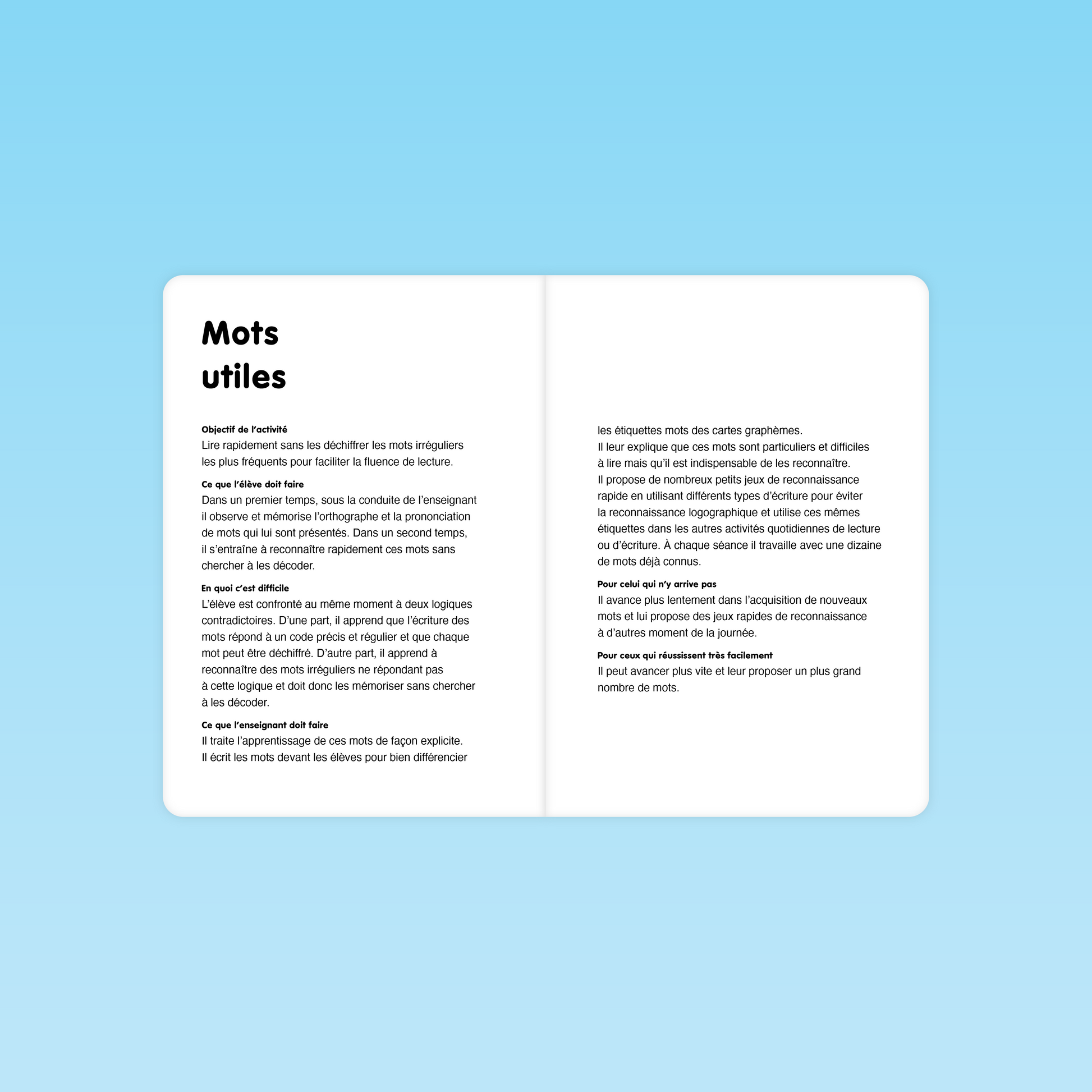 Page explicative sur l'activité de lecture des mots utiles et irréguliers pour automatiser la reconnaissance orthographique au CP