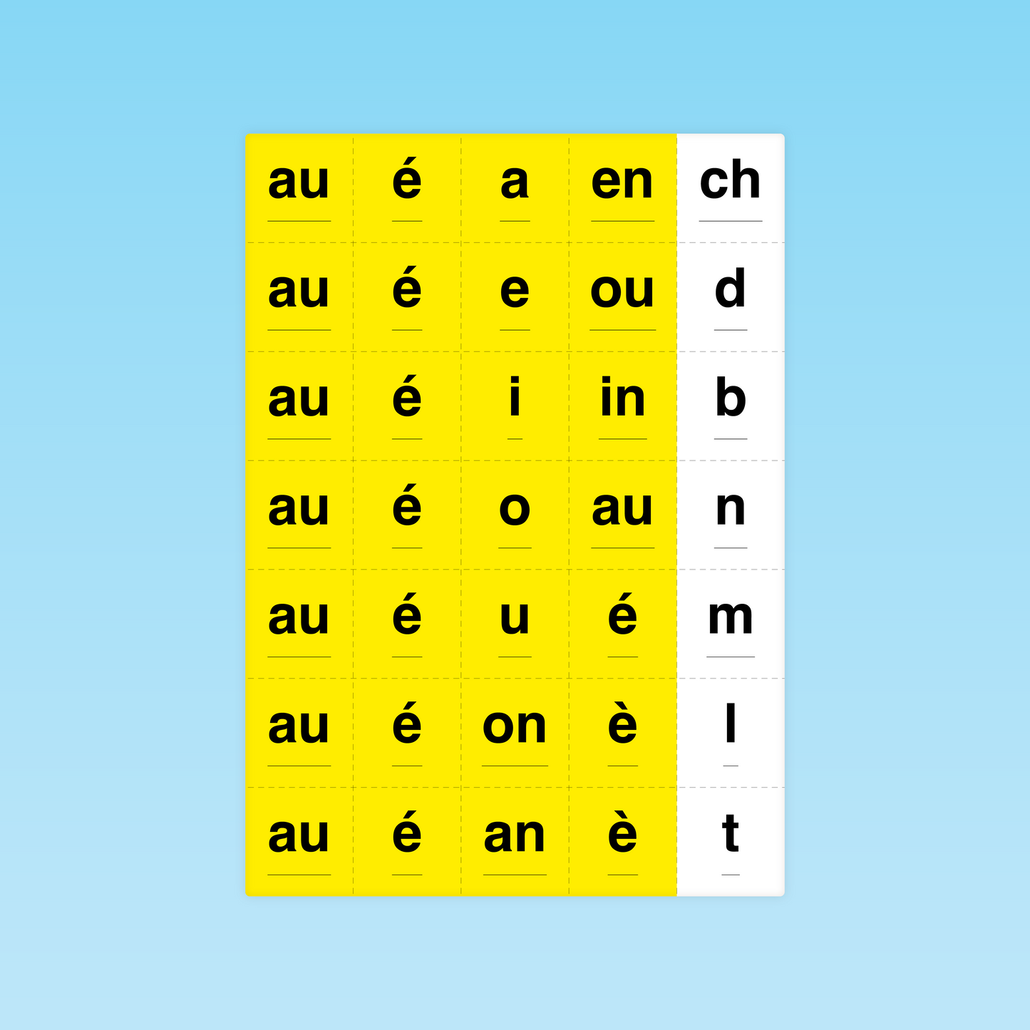 planche de cartes CP graphèmes complexes (au, é, a, en) et consonnes finales ch, d, b, n, m, l, t pour apprentissage du décodage