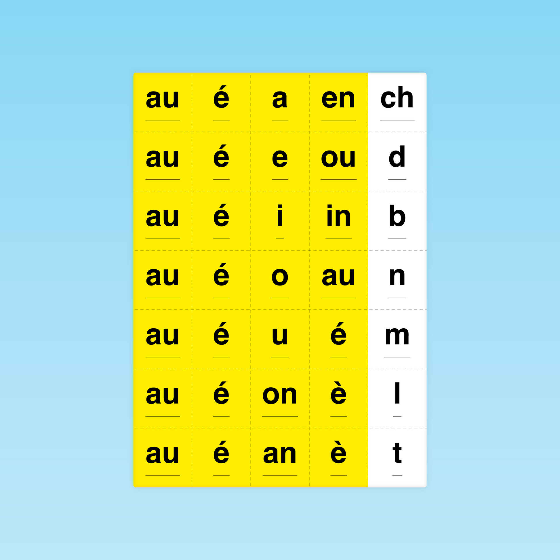 planche de cartes CP graphèmes complexes (au, é, a, en) et consonnes finales ch, d, b, n, m, l, t pour apprentissage du décodage