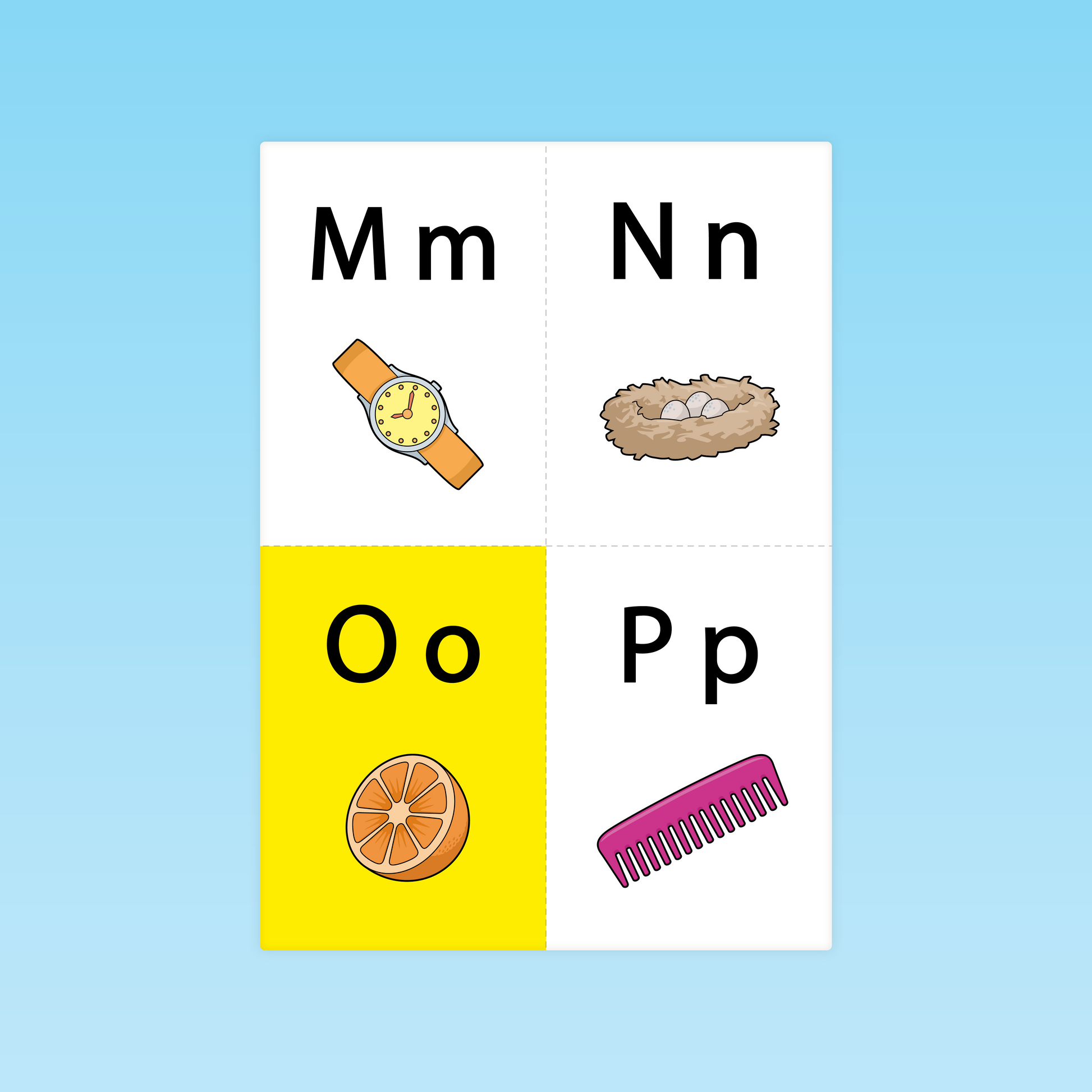 quatre cartes de décodage CP lettres M montre N nid O orange P peigne