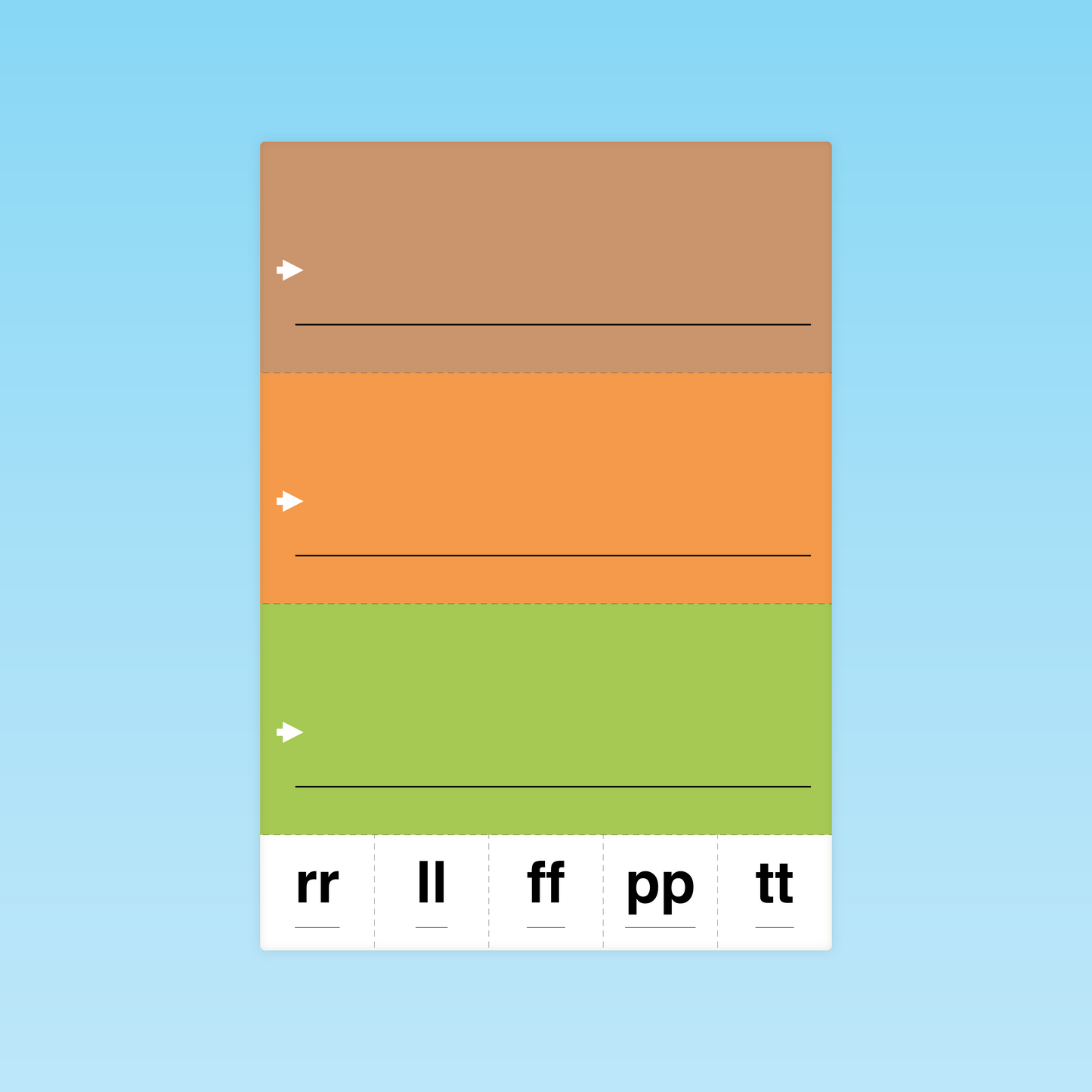 planche CP zones d’écriture colorées (marron, orange, vert) avec consonnes doubles rr ll ff pp tt