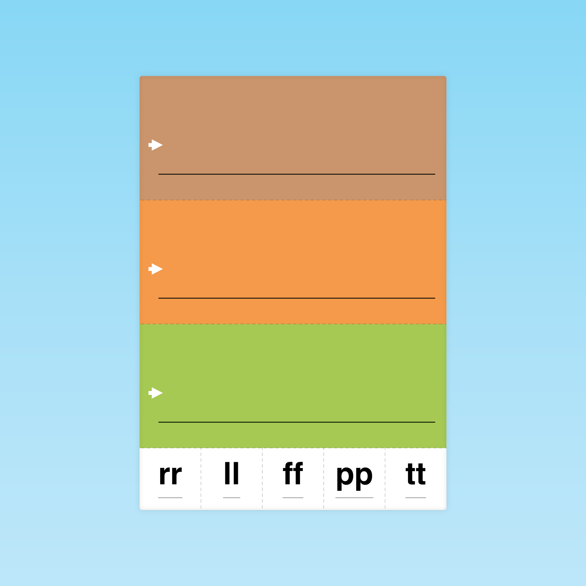planche CP zones d’écriture colorées (marron, orange, vert) avec consonnes doubles rr ll ff pp tt