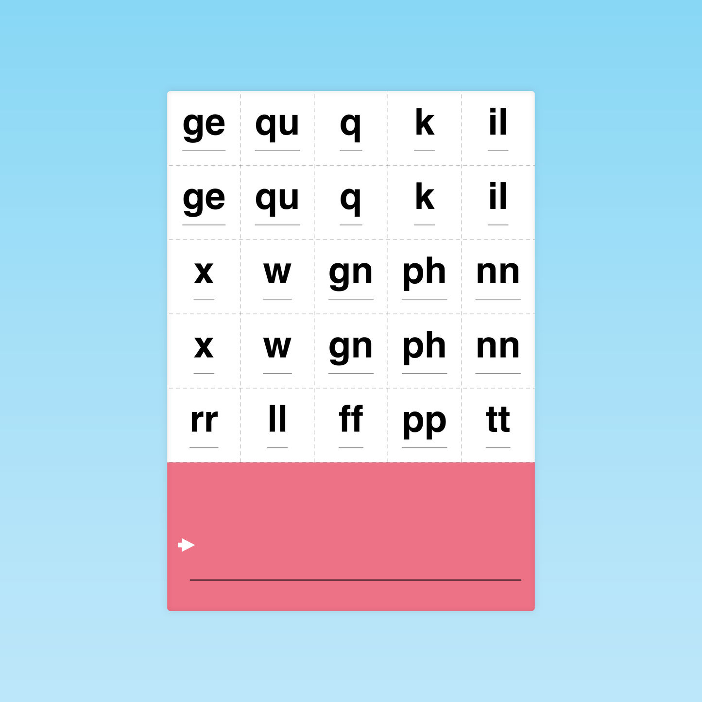 dernière planche de cartes CP graphèmes complexes et digraphes (ge, qu, gn, ph, etc.) avec zone d’écriture pour l’élève
