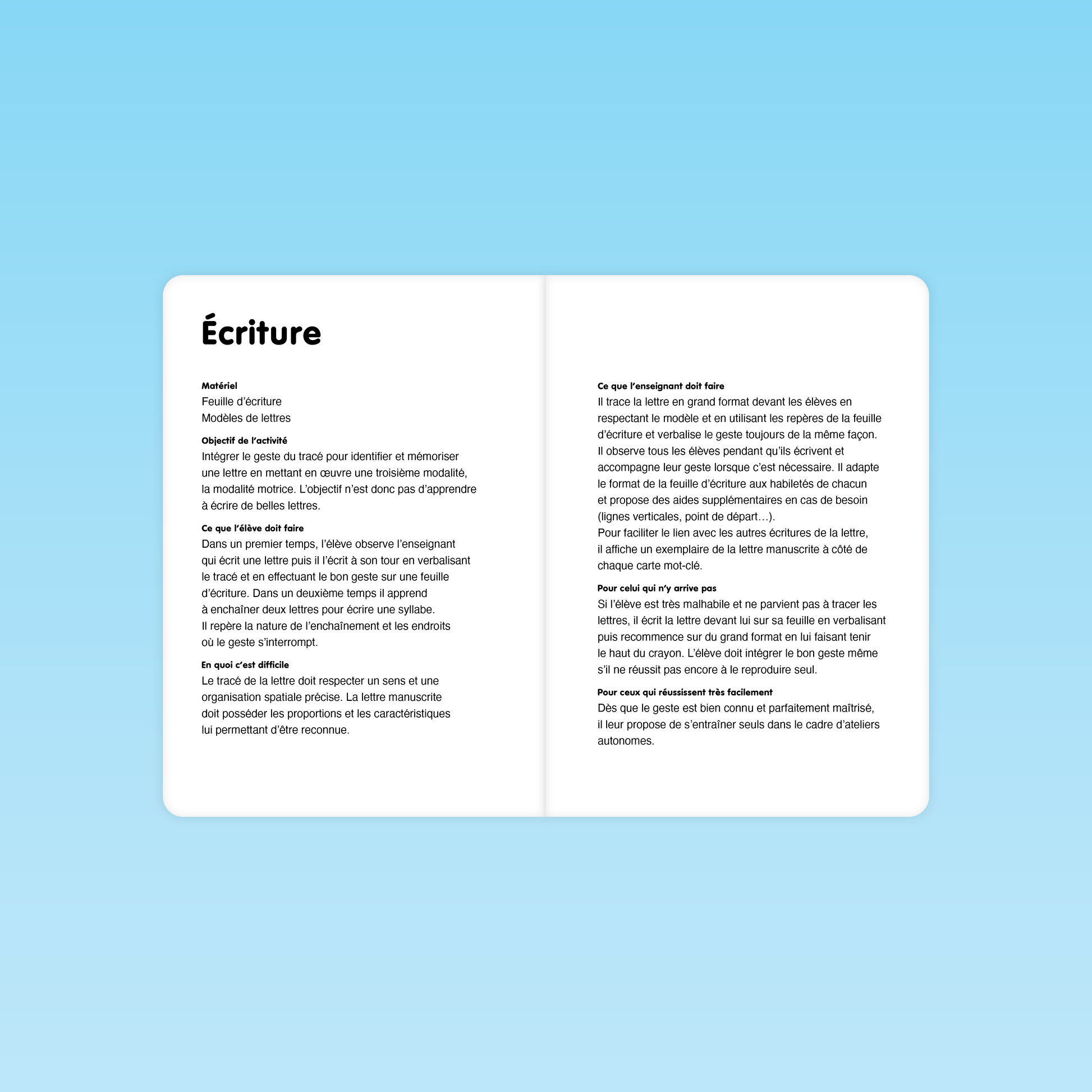page activité écriture découverte des lettres L A P I O R T U M B : matériel, objectif, gestes et consignes