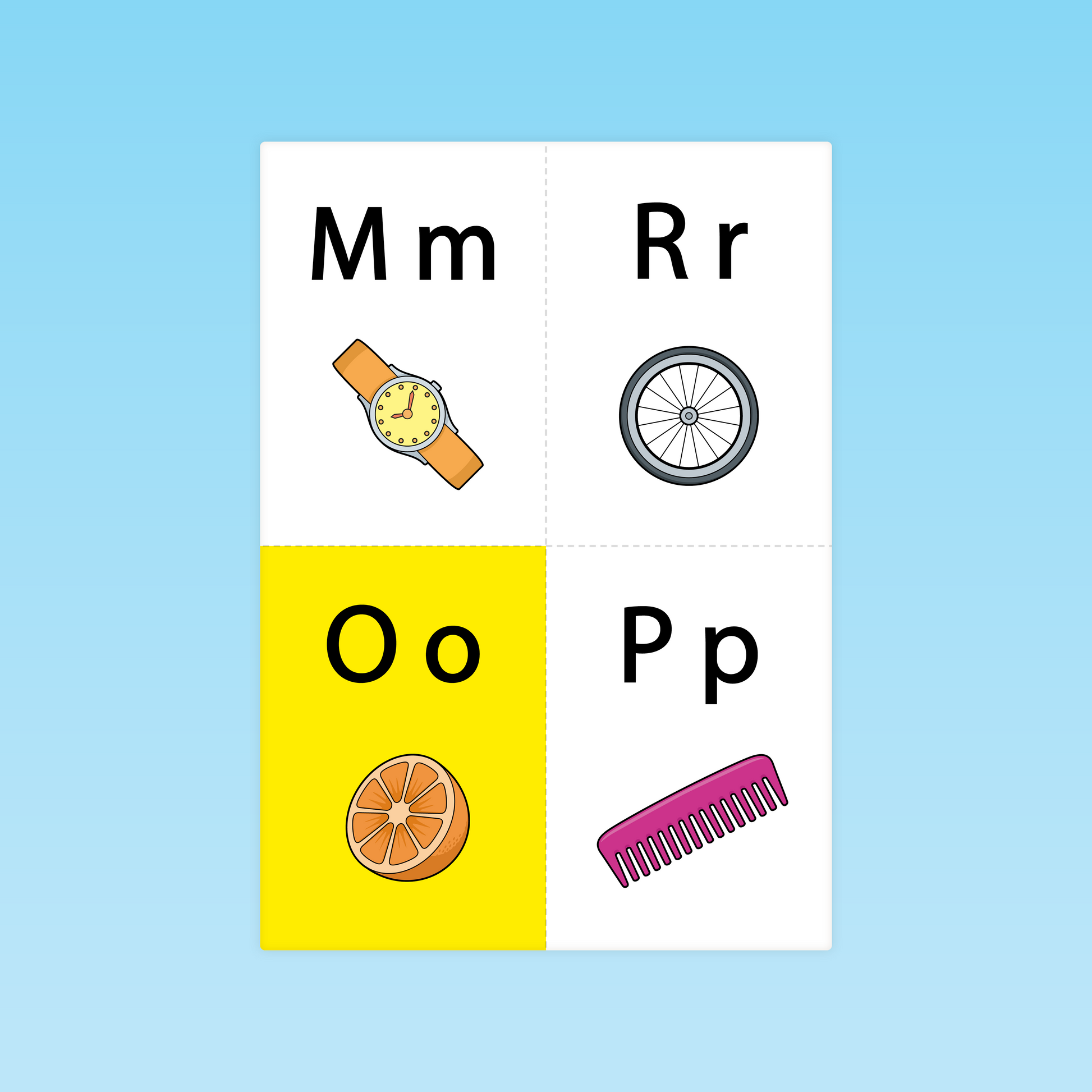 cartes lettres M, R, O, P majuscule et minuscule avec pictogrammes montre, roue, orange et peigne