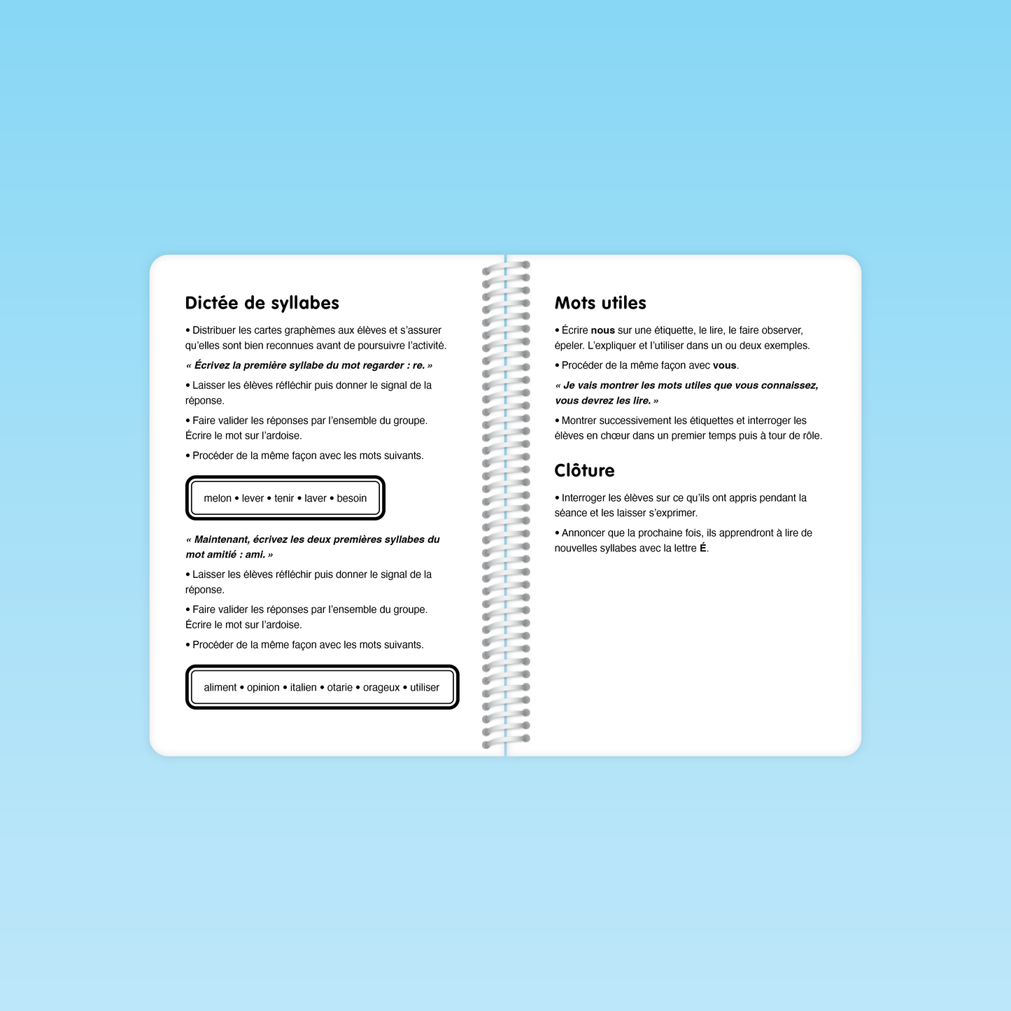 page de dictée de syllabes et mots utiles de la session 23 du guide de décodage CP, activités d’écriture de syllabes et clôuture