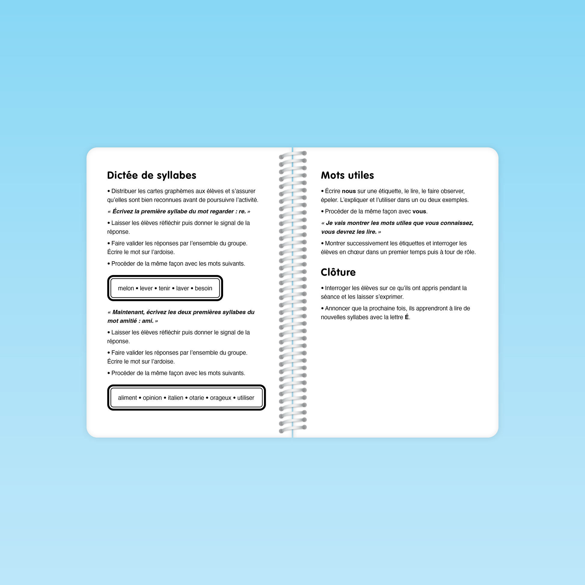page de dictée de syllabes et mots utiles de la session 23 du guide de décodage CP, activités d’écriture de syllabes et clôuture
