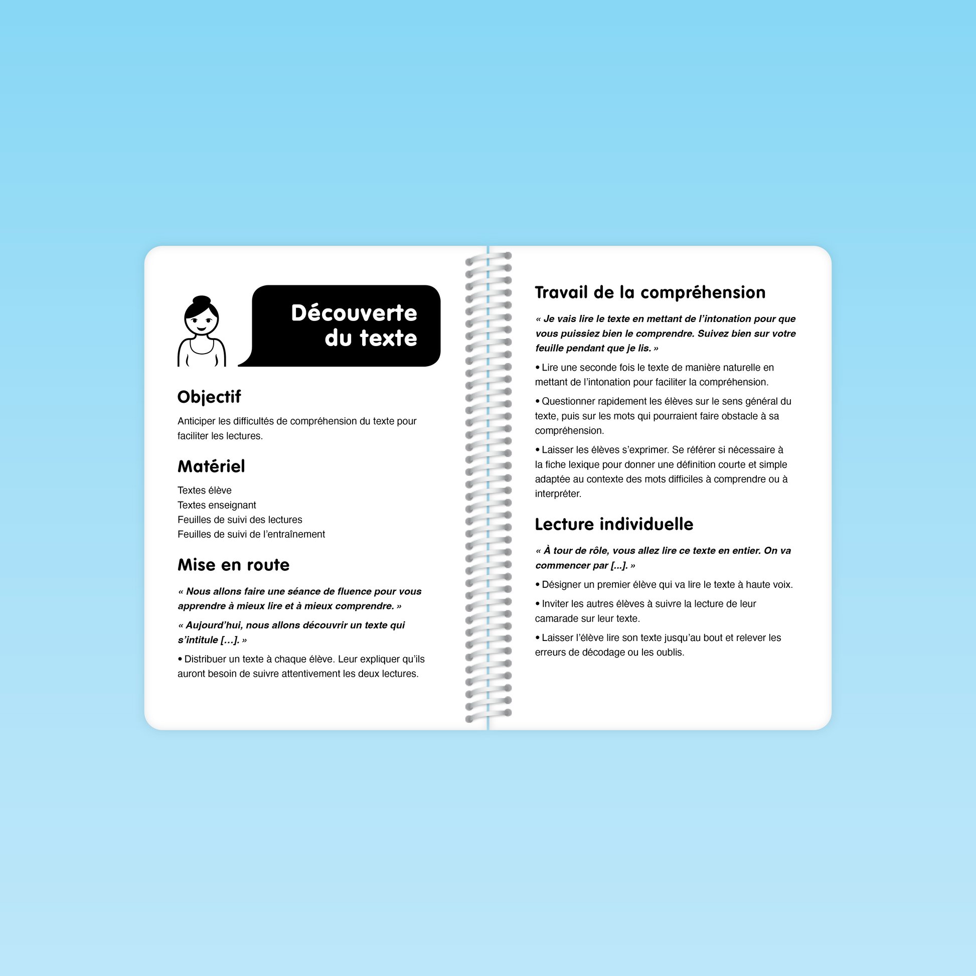 double page du guide Fluence CP / CE montrant la section « Lectures individuelles » et « Explicitation des erreurs » avec consignes, objectifs et matériel