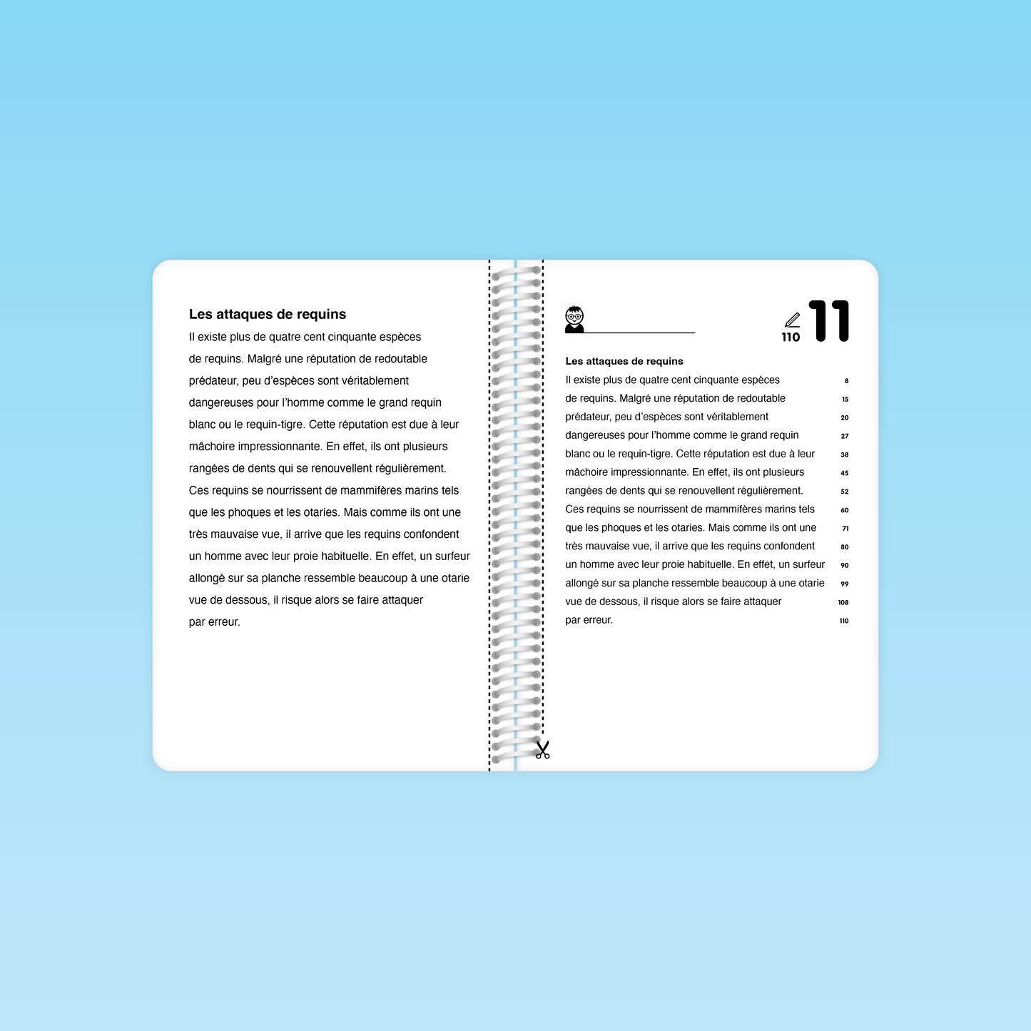 double page du guide Fluence de lecture CE CM montrant le texte « Les attaques de requins » avec mise en page élève, numérotation et marge de découpe indiquée