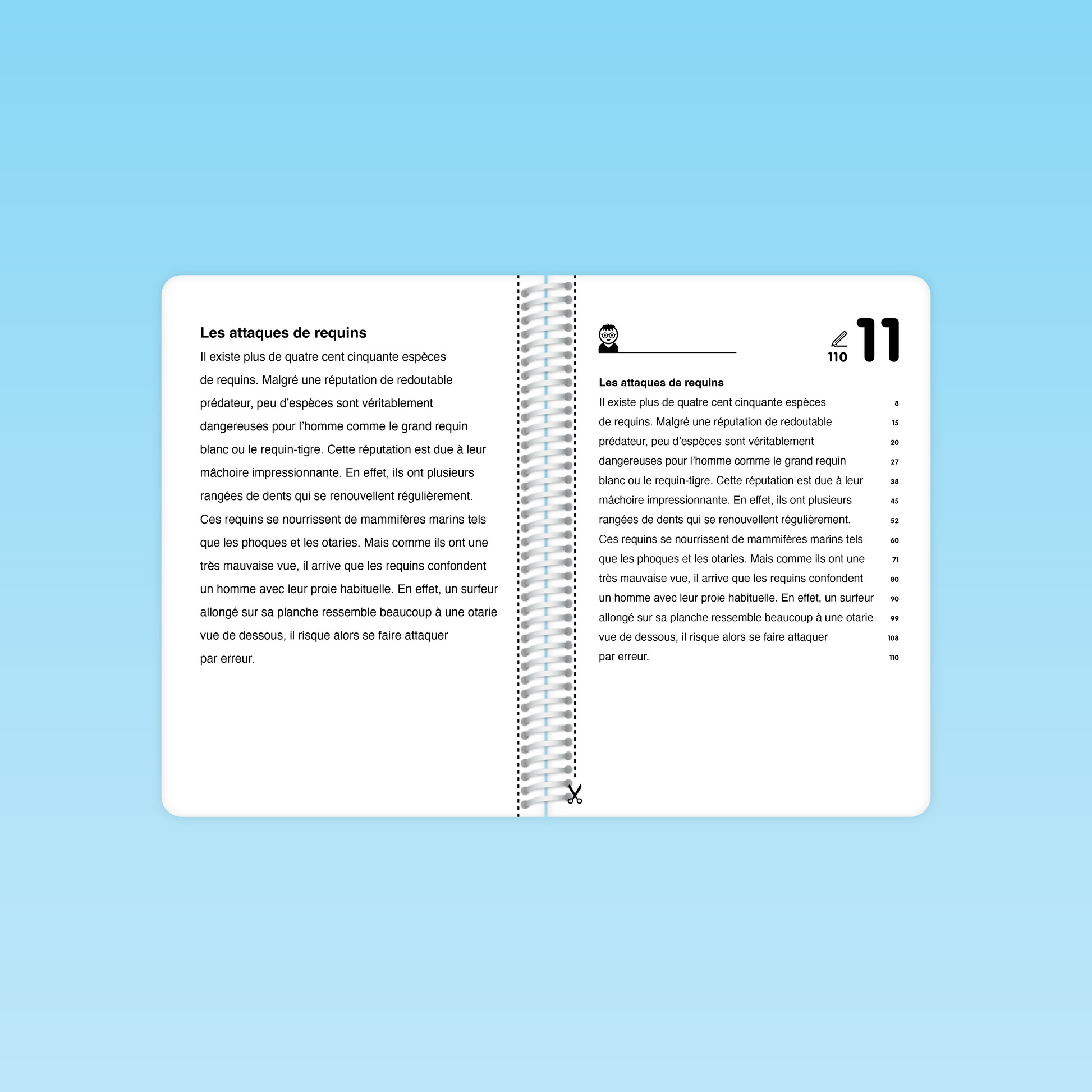double page du guide Fluence de lecture CE CM montrant le texte « Les attaques de requins » avec mise en page élève, numérotation et marge de découpe indiquée