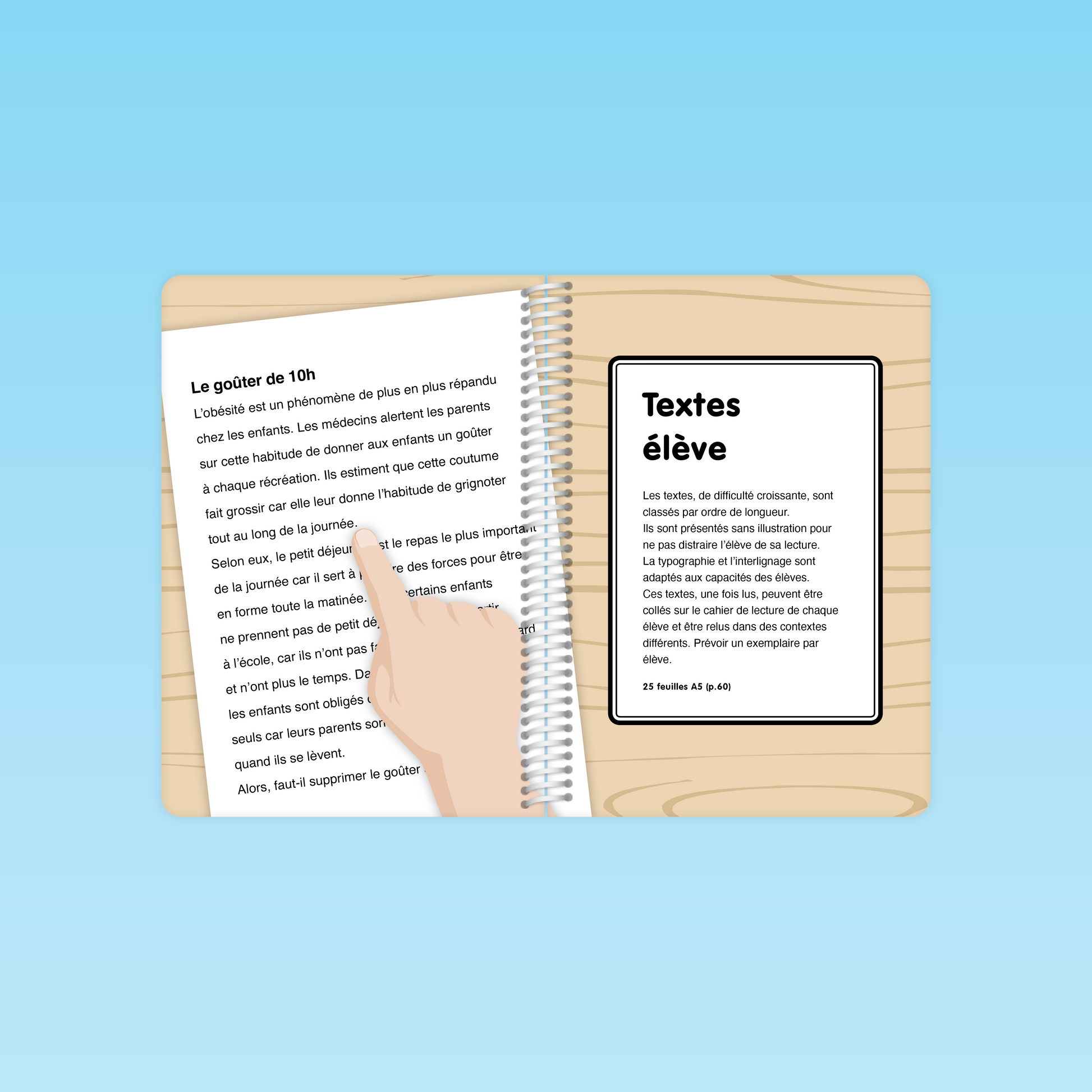 double page du guide Fluence de lecture CE CM montrant un extrait du texte « Le goûter de 10 h » avec un doigt pointant et description de la section Textes élève