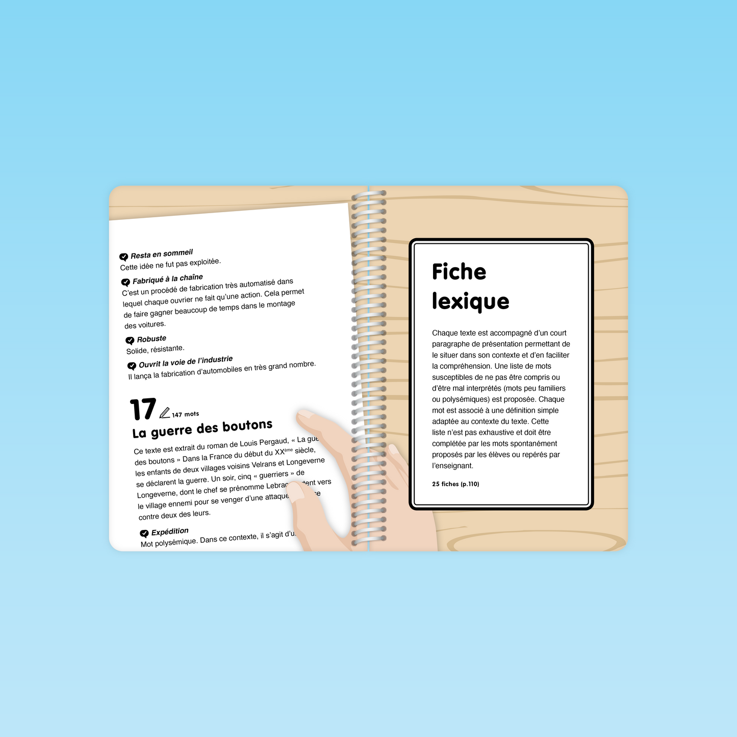 double page du guide Fluence CP CE montrant un extrait du texte « La guerre des boutons » et la fiche lexique avec définitions simples des mots clés