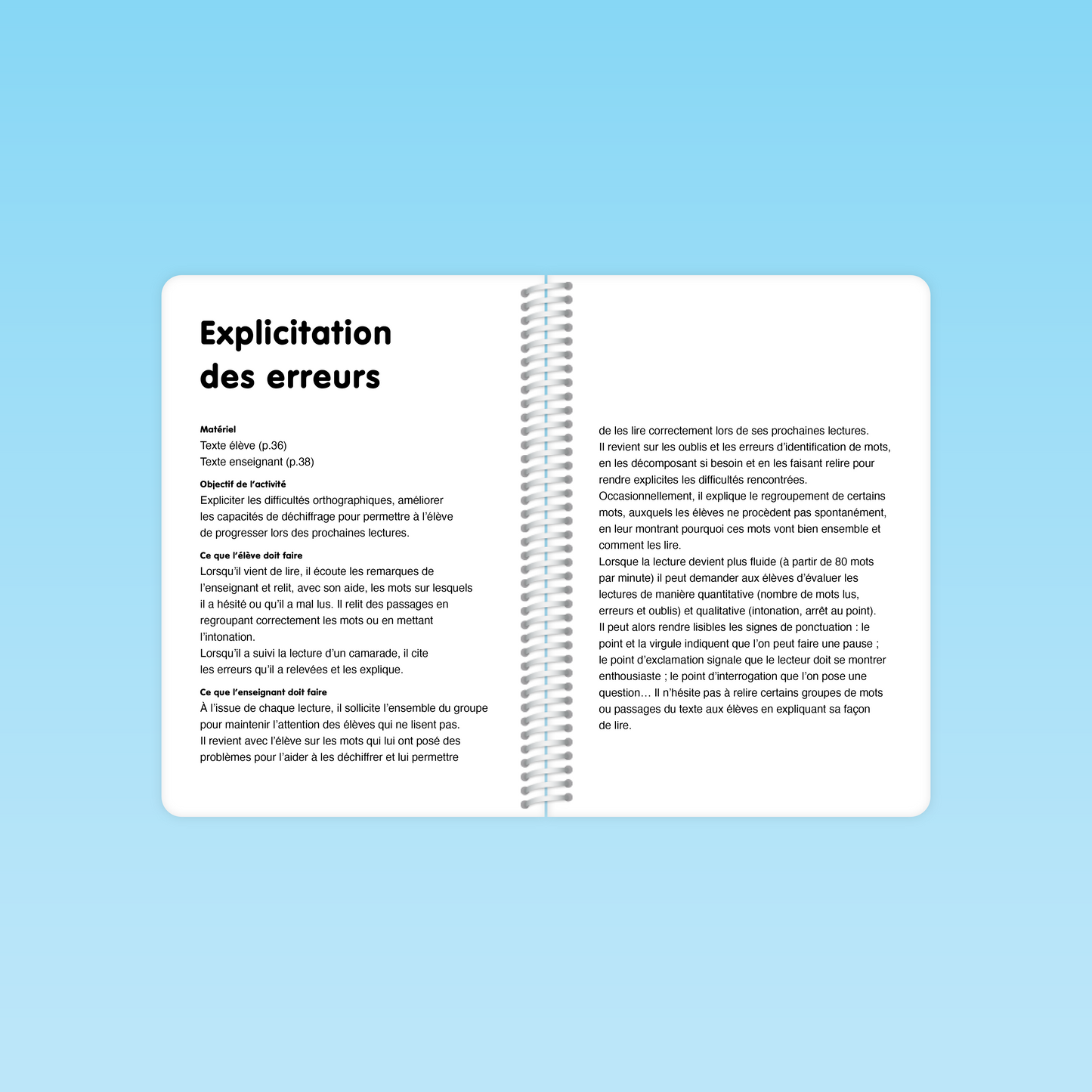 double page du guide Fluence CP CE présentant la section « Explicitation des erreurs » avec matériel, objectifs et consignes détaillées