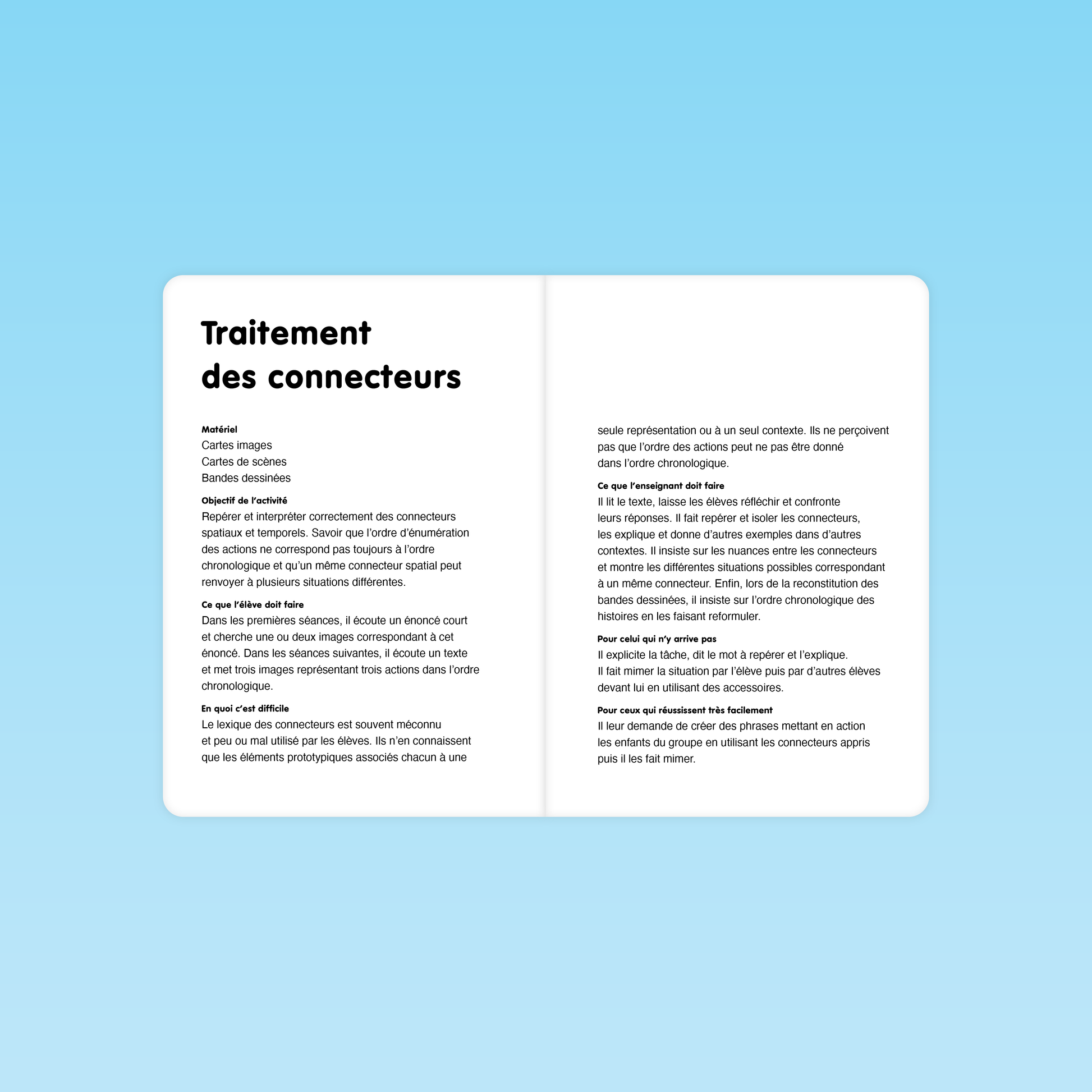 double page d’une séance traitement des connecteurs spatiaux et temporels du guide lexical M3 éditions Cigale