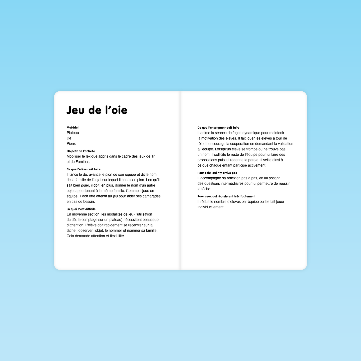 fiche pédagogique du jeu de l’oie pour réinvestir le vocabulaire en MS avec déroulé et différenciation