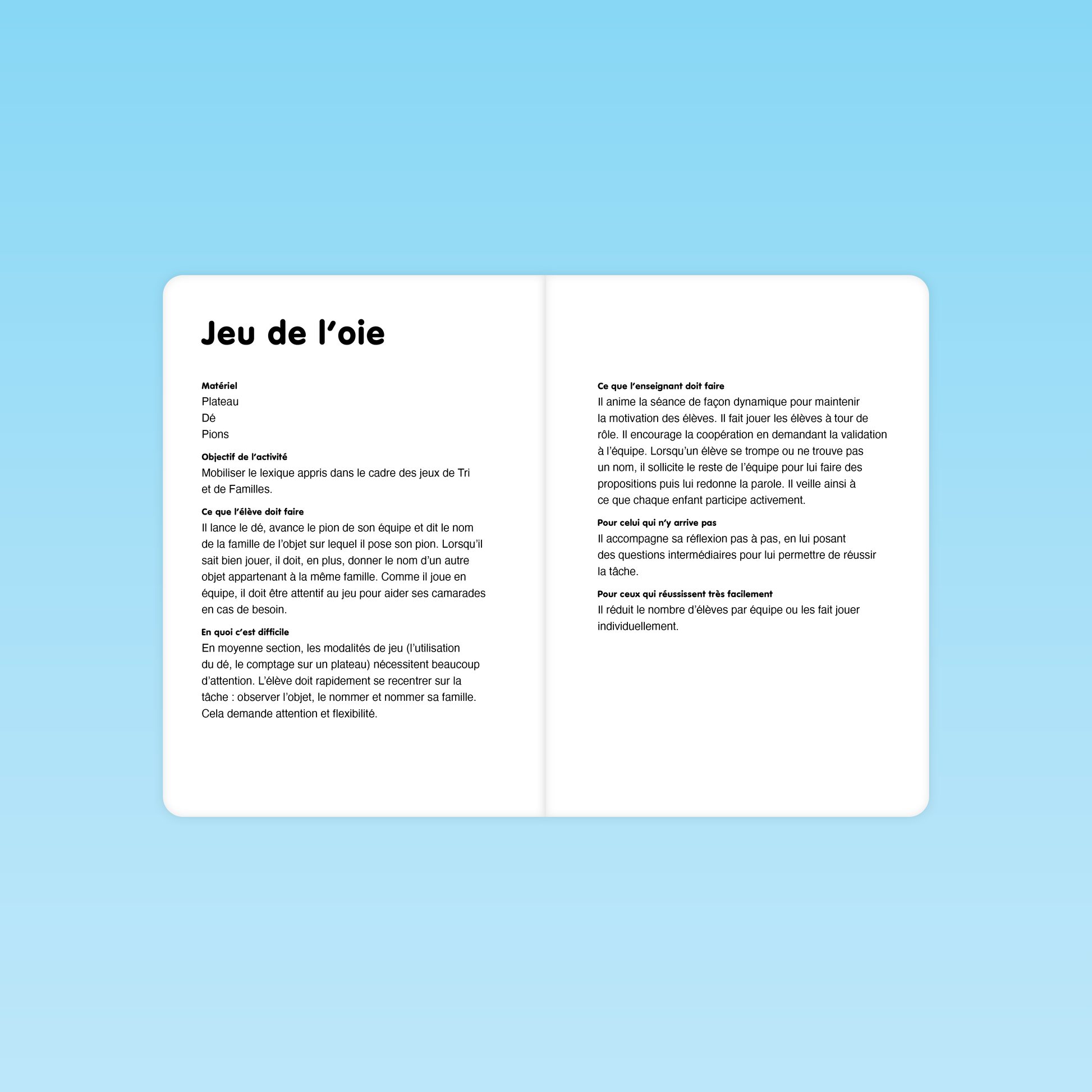 fiche pédagogique du jeu de l’oie pour réinvestir le vocabulaire en MS avec déroulé et différenciation