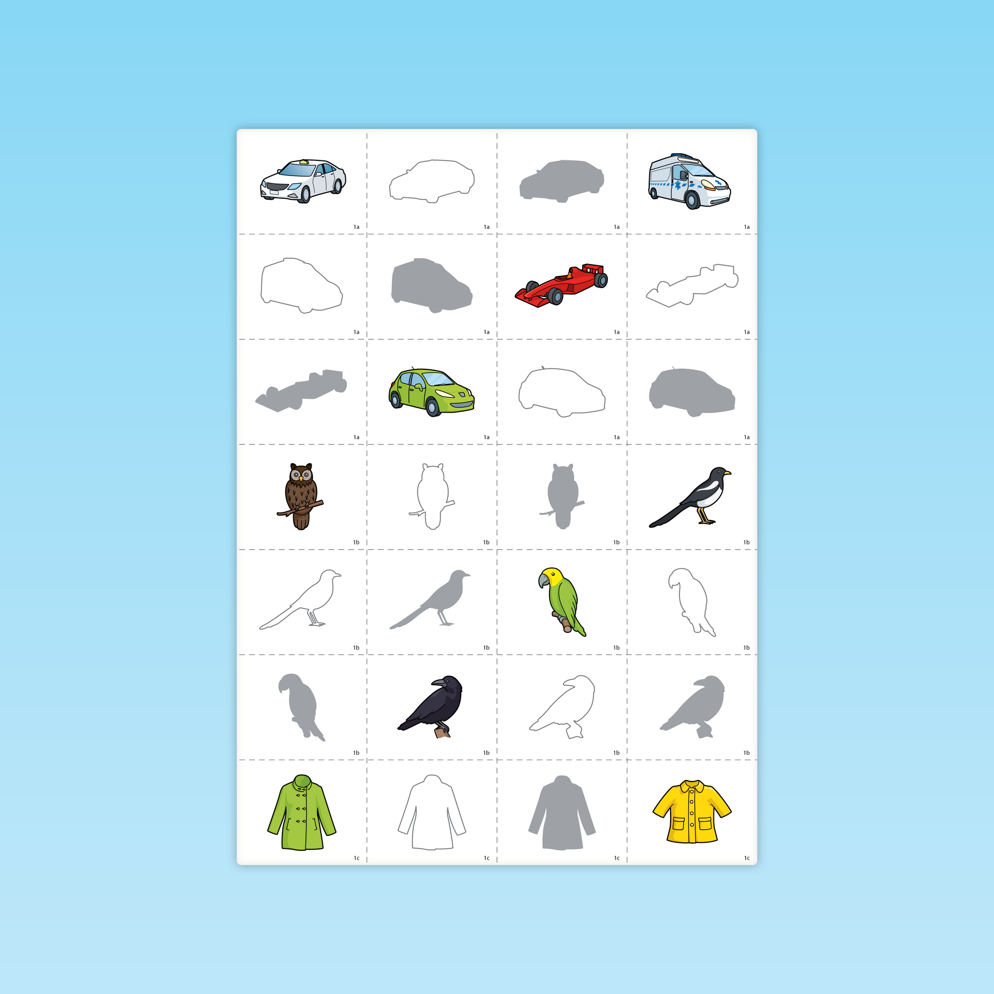 Cartes attention MS : voiture, oiseaux, vêtements, repérage des contours et silhouettes