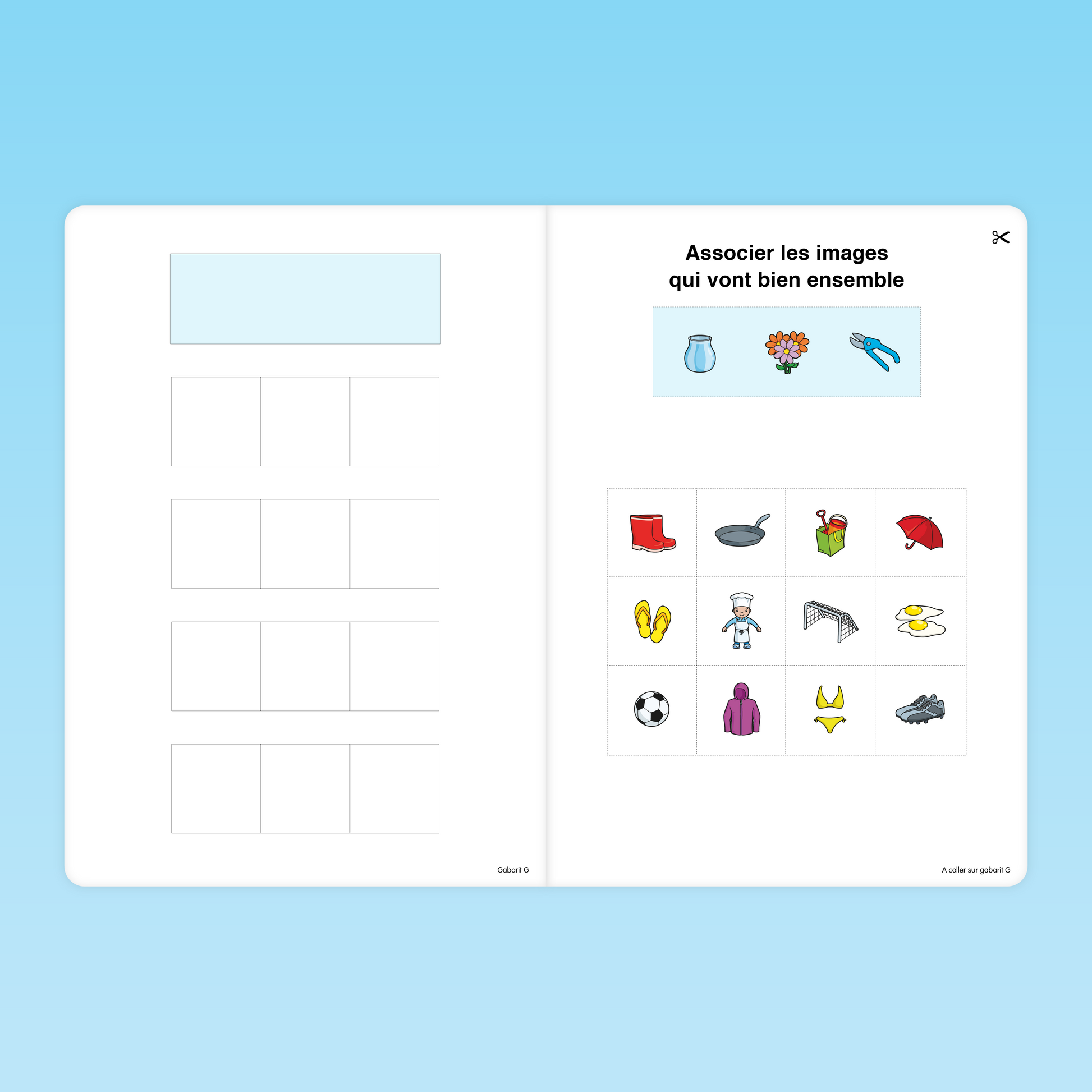 Fiche GS pour associer des images qui vont ensemble autour d’activités familières comme jardiner, cuisiner ou jouer