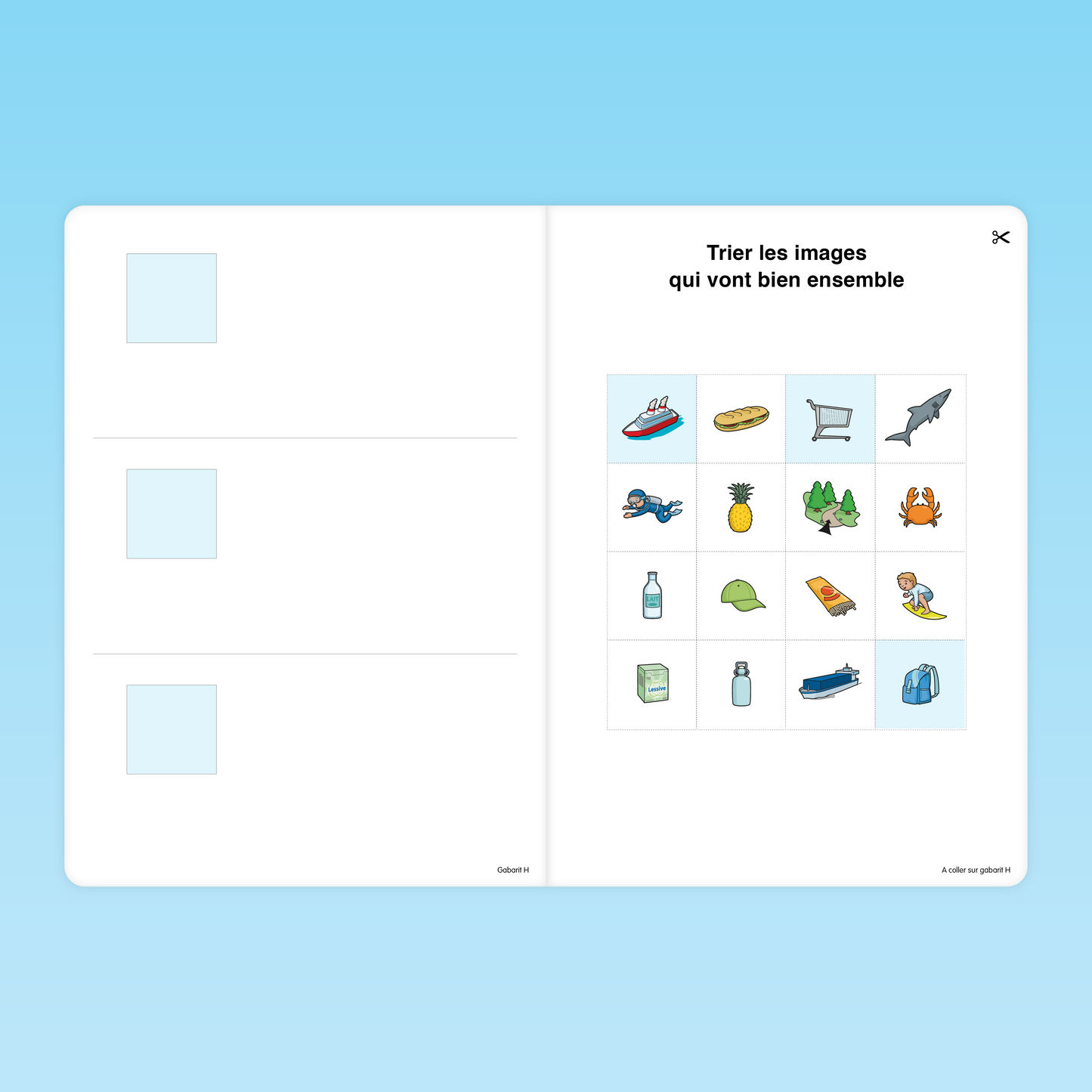 Fiche GS pour trier des images sur les thèmes de la plage, des aliments et des animaux marins, activité de tri visuel